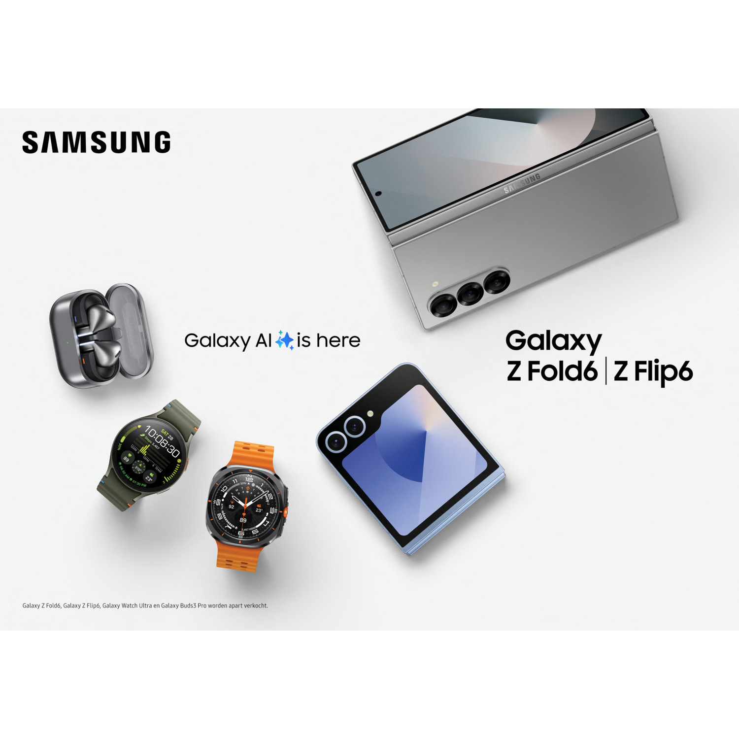 Produits Samsung : Fold, Flip6, Galaxy Buds, deux montres, fond argenté.