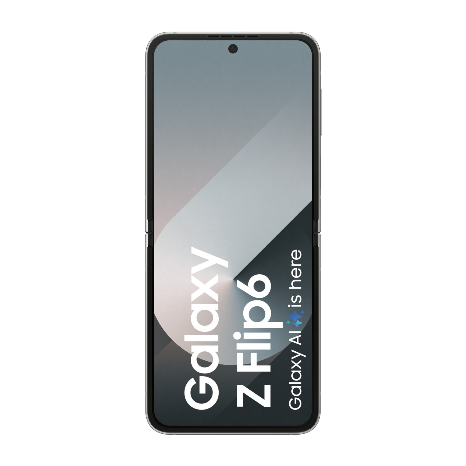 Opgevouwen zilveren telefoon, met tekst: Galaxy Z Flip6. Kleinere tekst: Galaxy AI is here.