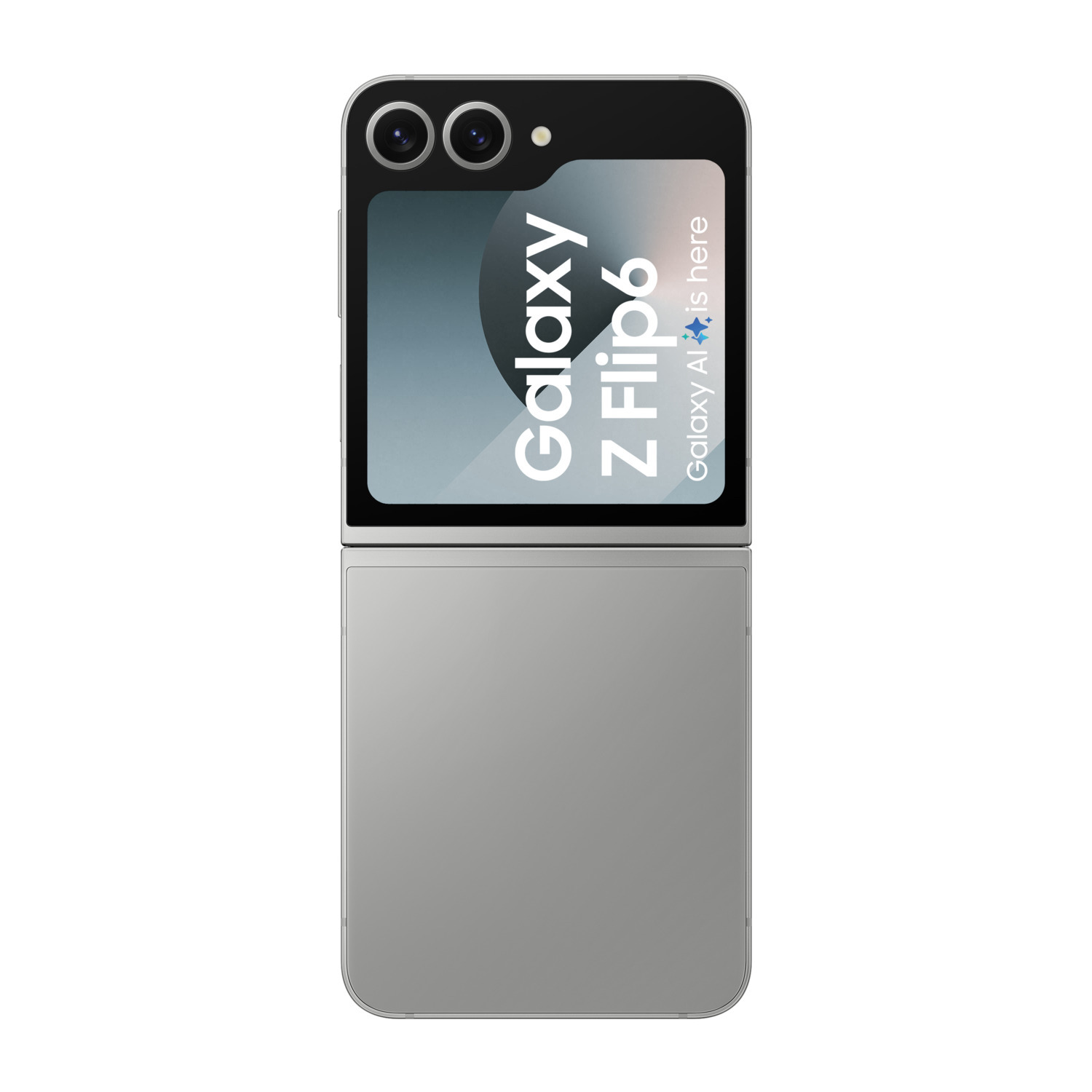 Een zilveren opvouwbare telefoon open, met de tekst "Galaxy Z Flip6" op het scherm.