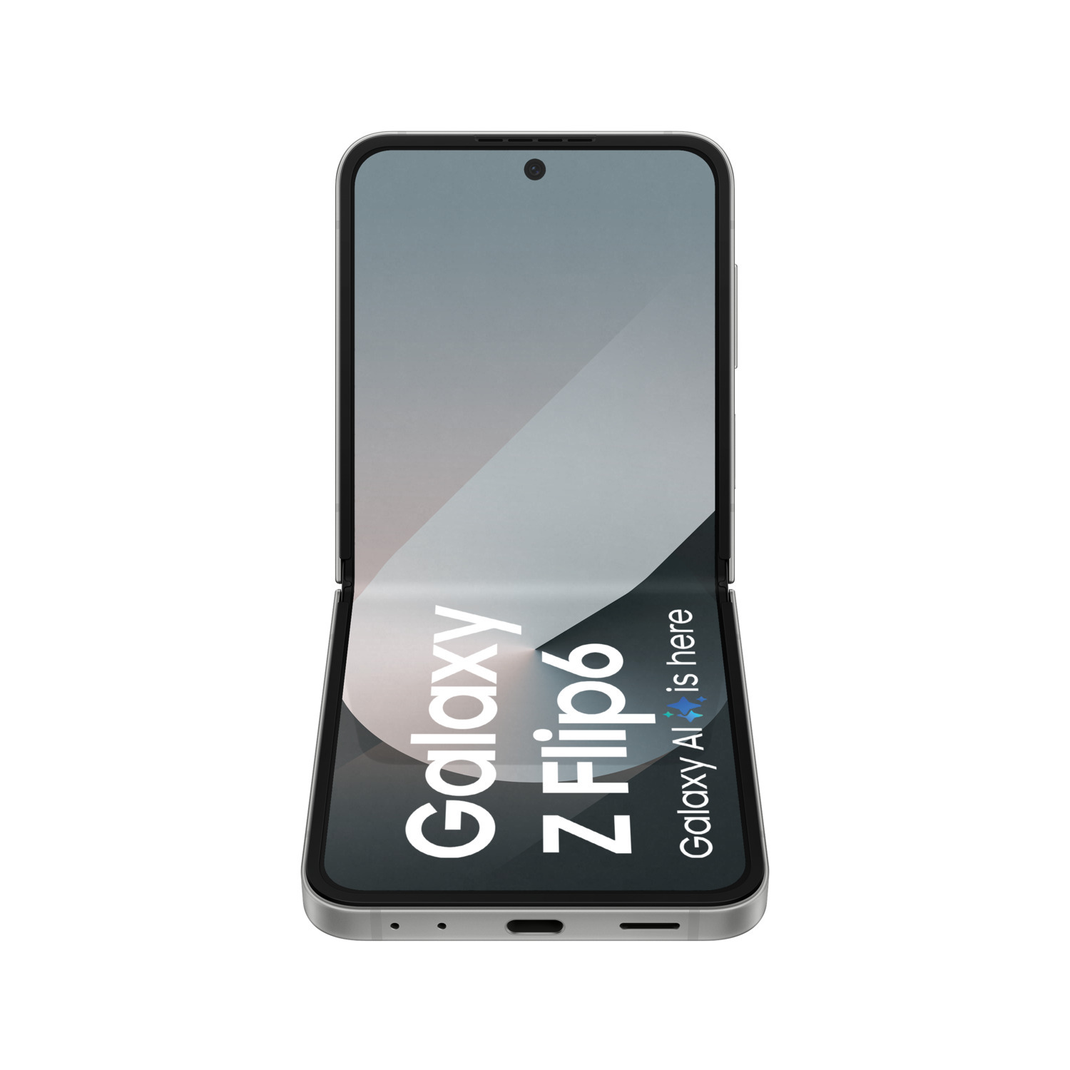 Zilveren opvouwbare telefoon, gedeeltelijk open, op witte achtergrond. Het scherm toont 'Galaxy Z Flip6'.