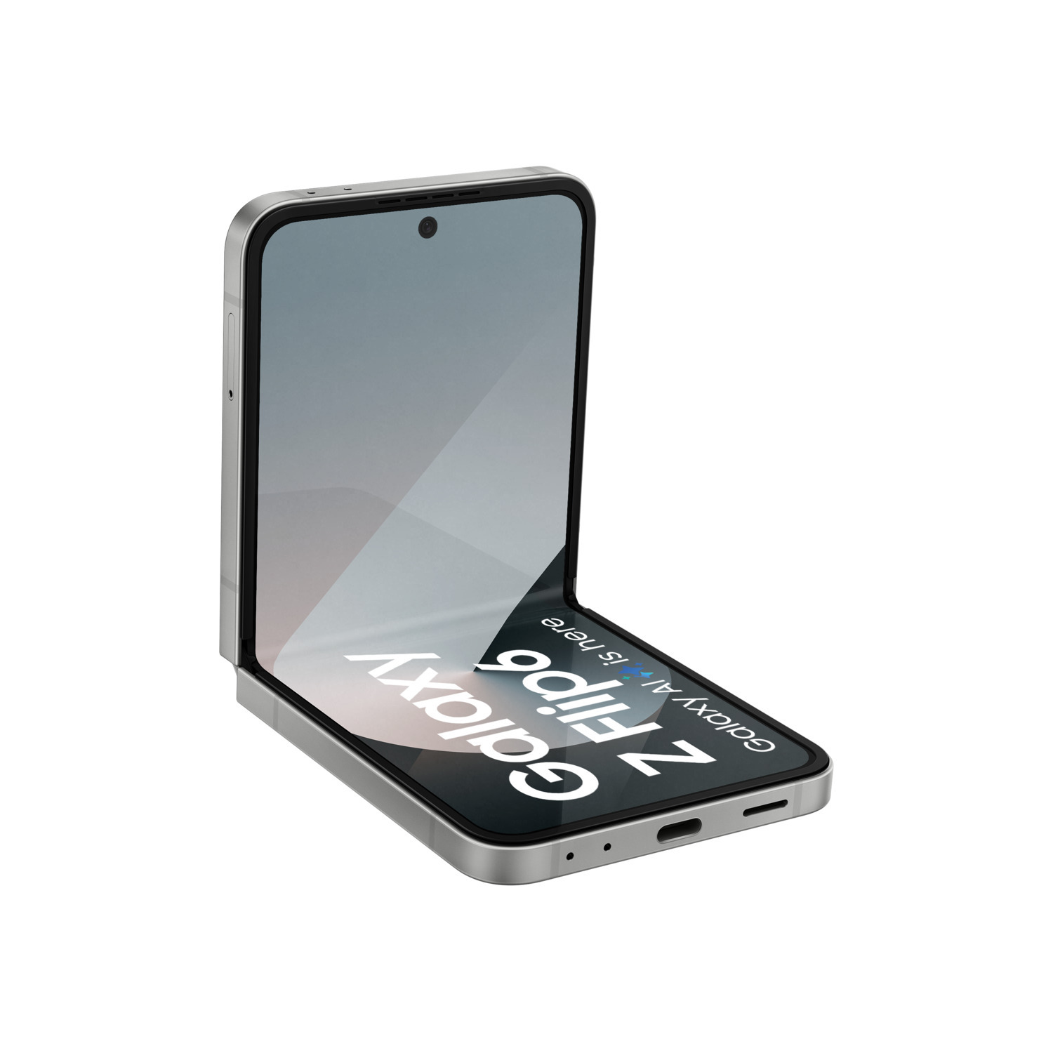 Opvouwbare zilveren telefoon, open, met een scherm, op een wit oppervlak. Zwarte achtergrond.