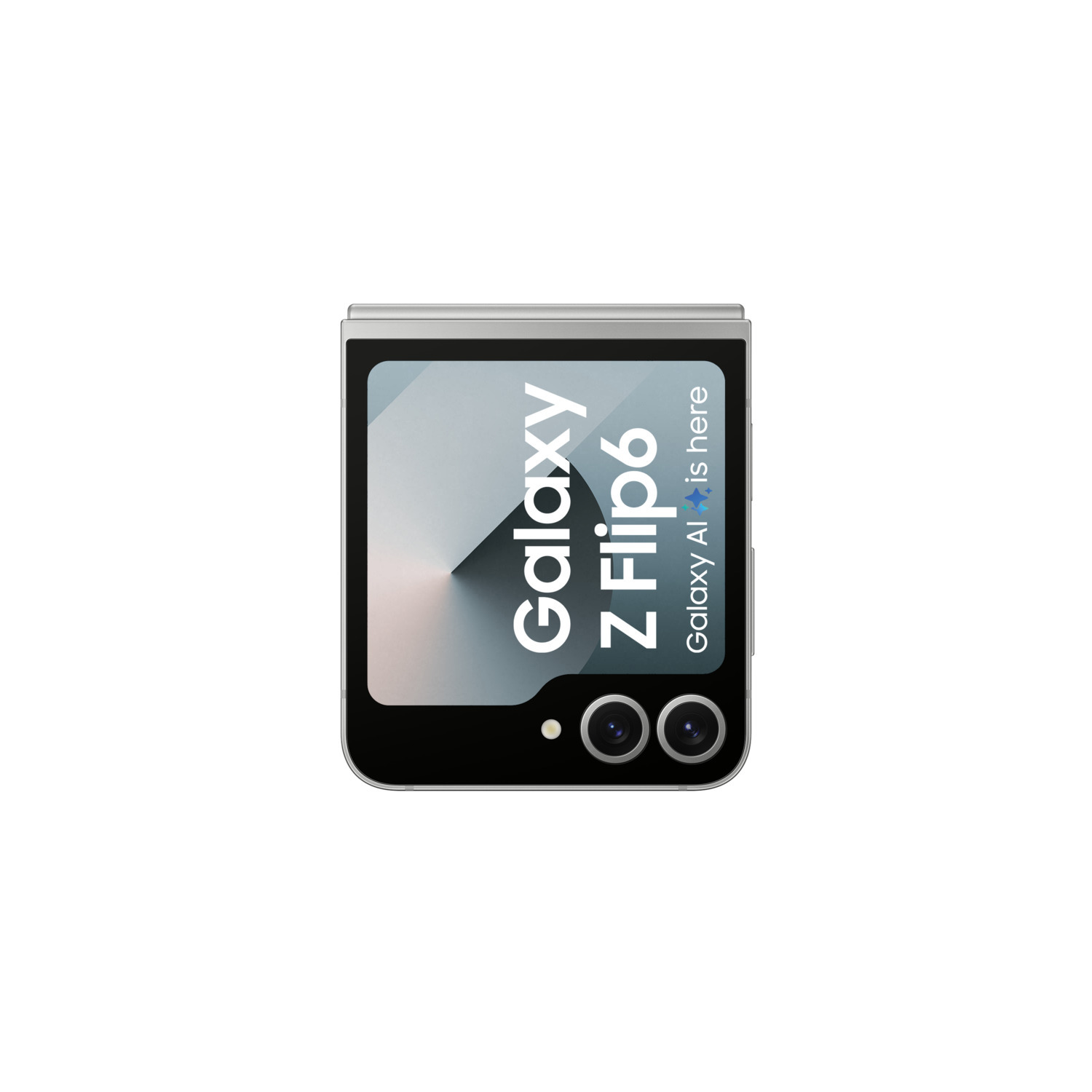 Opgevouwen zwarte en zilveren telefoon met dubbele camera's en tekst 'Galaxy Z Flip6'.