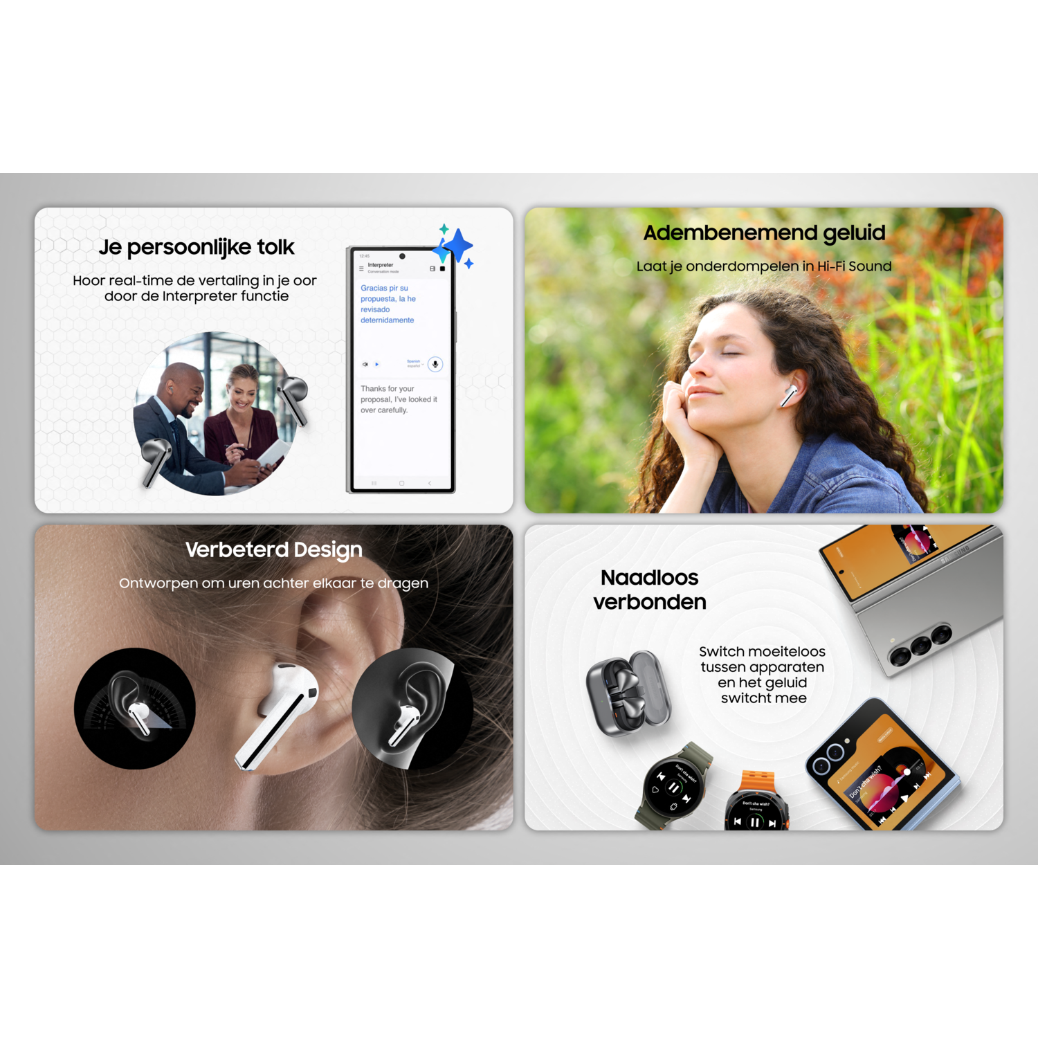 Vier afbeeldingen van Samsung oordopjes, een vrouw en een smartwatch, die functies laten zien.