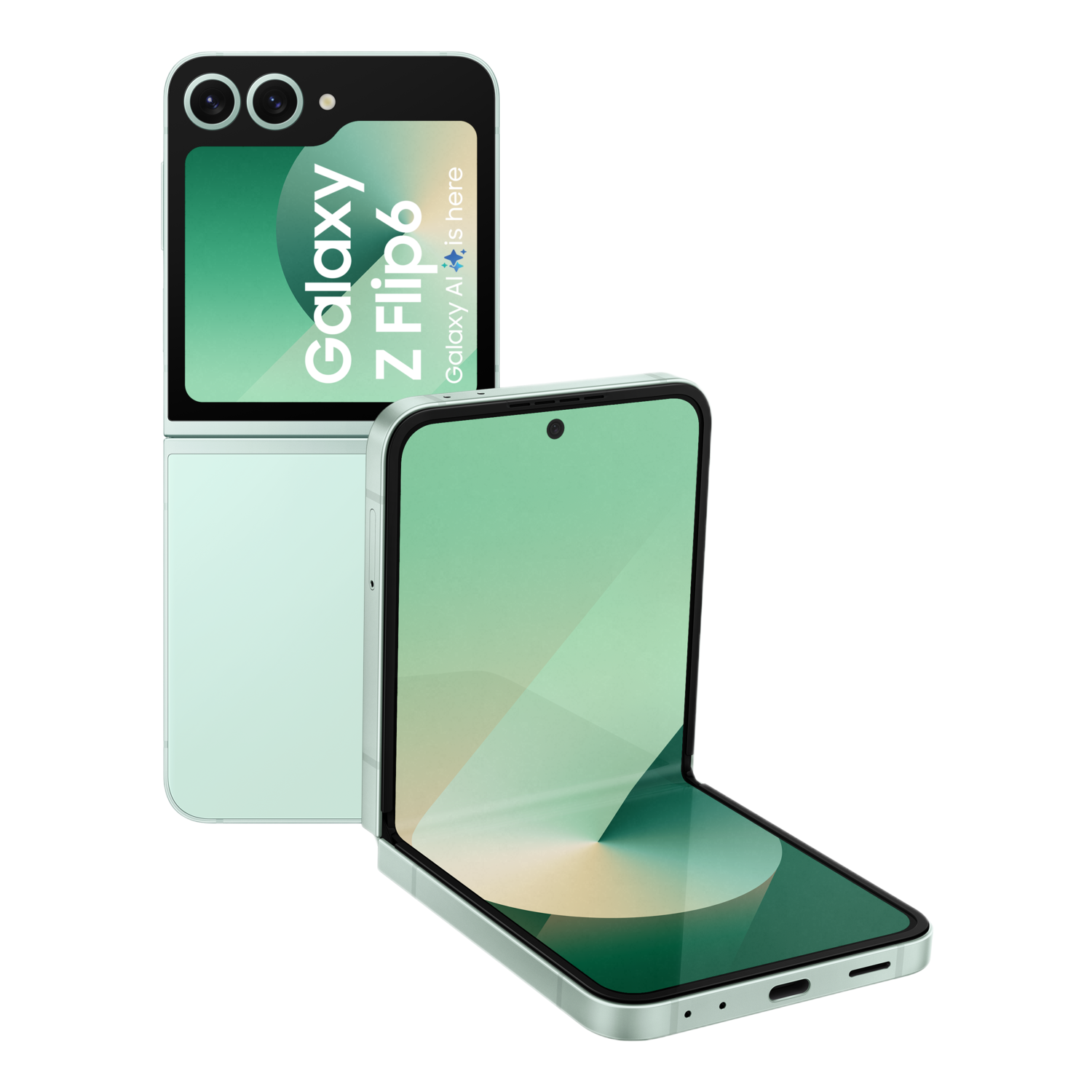 Deux téléphones pliables vert menthe, un ouvert et un fermé, sur fond noir. Il s'agit d'un Samsung Galaxy.