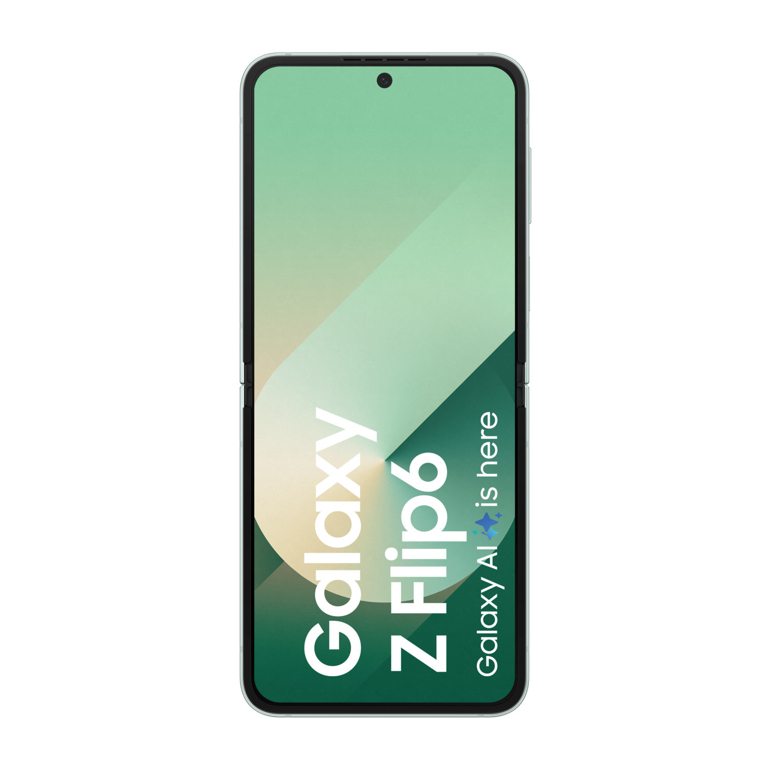 Vue verticale d'un smartphone Galaxy Z Flip6 plié, vert menthe.