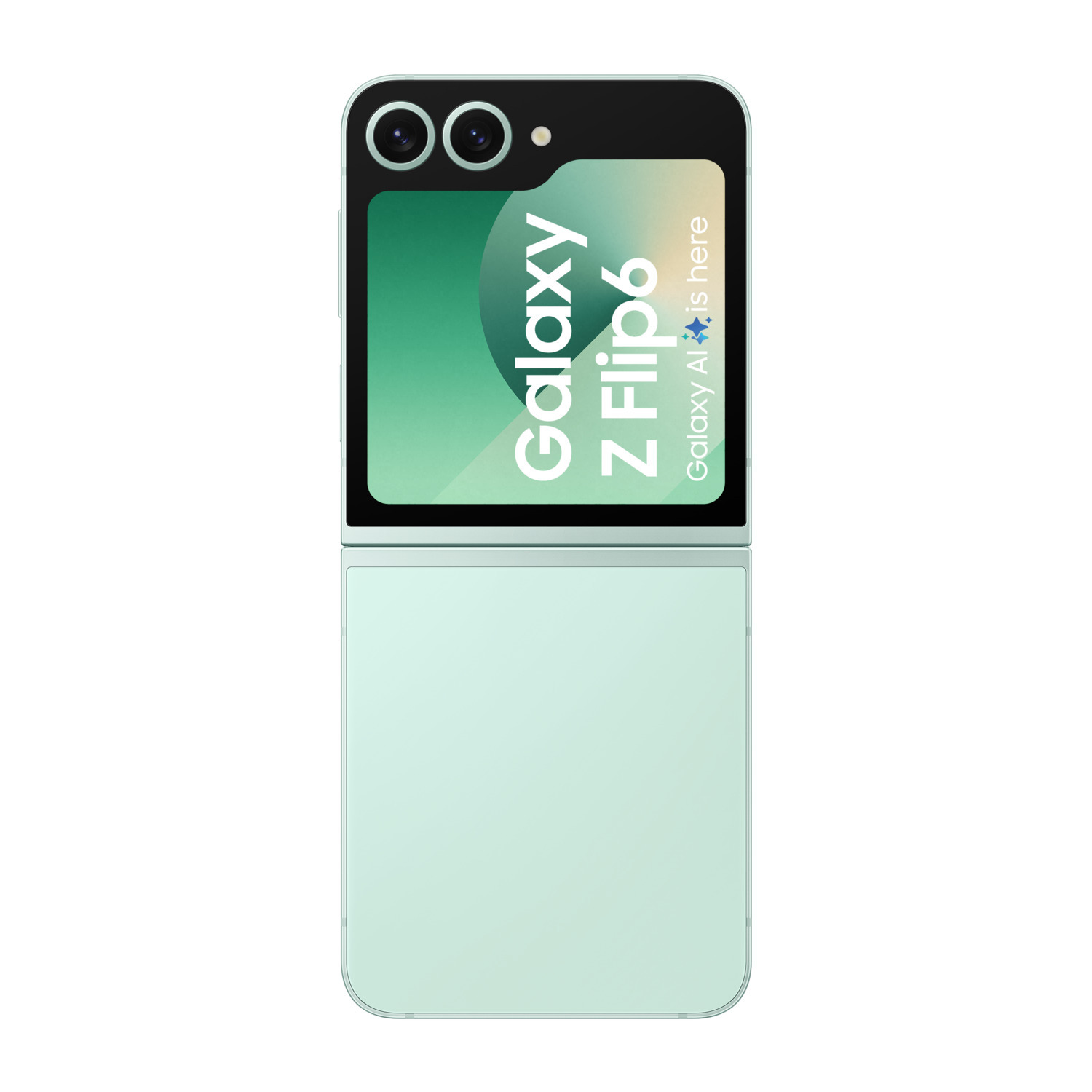 Un téléphone vert menthe plié, avec des caméras et un écran avec du texte.