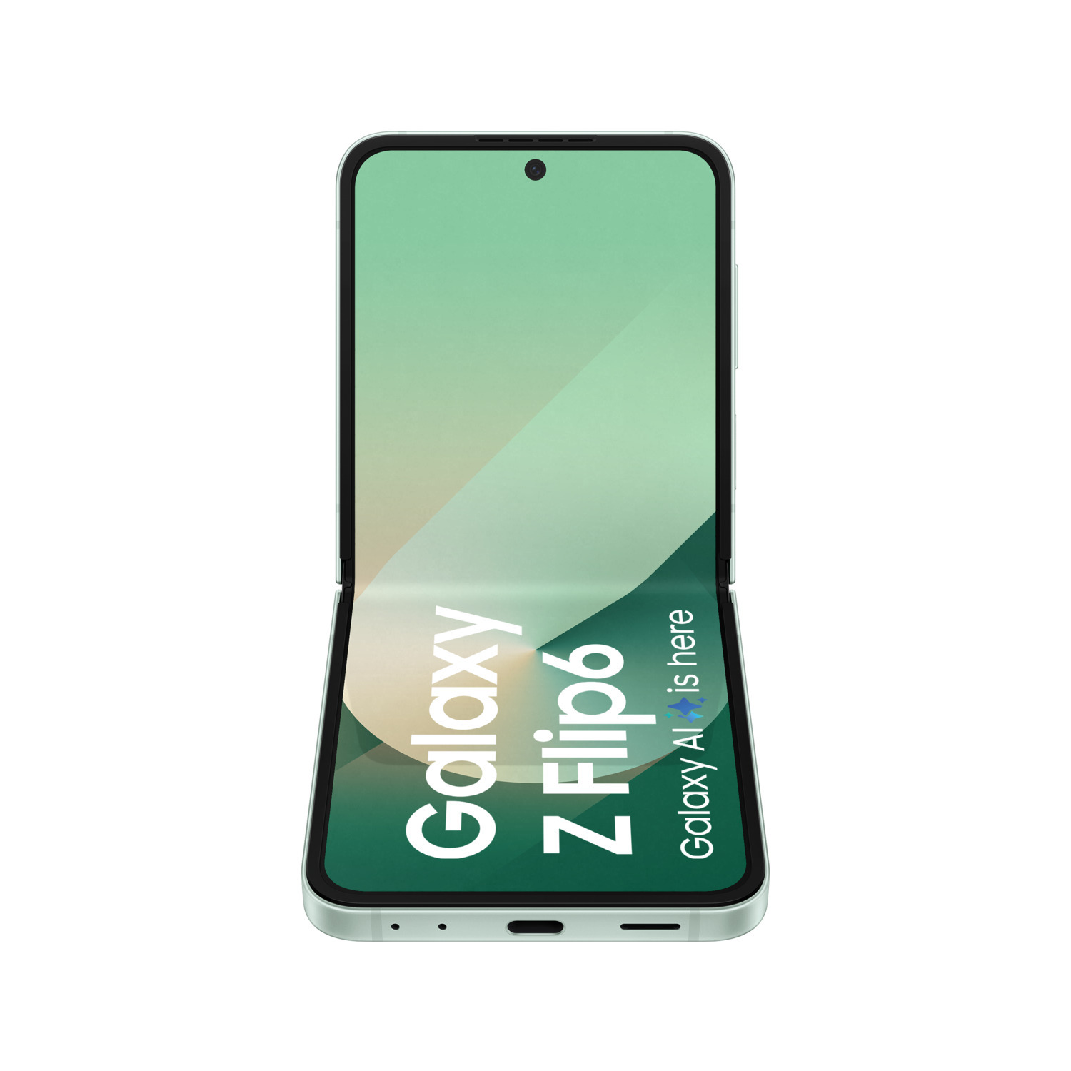 Téléphone Galaxy Z Flip6, cadre vert, déplié, écran vert clair. Texte : Galaxy Z Flip6, Galaxy AI est là.
