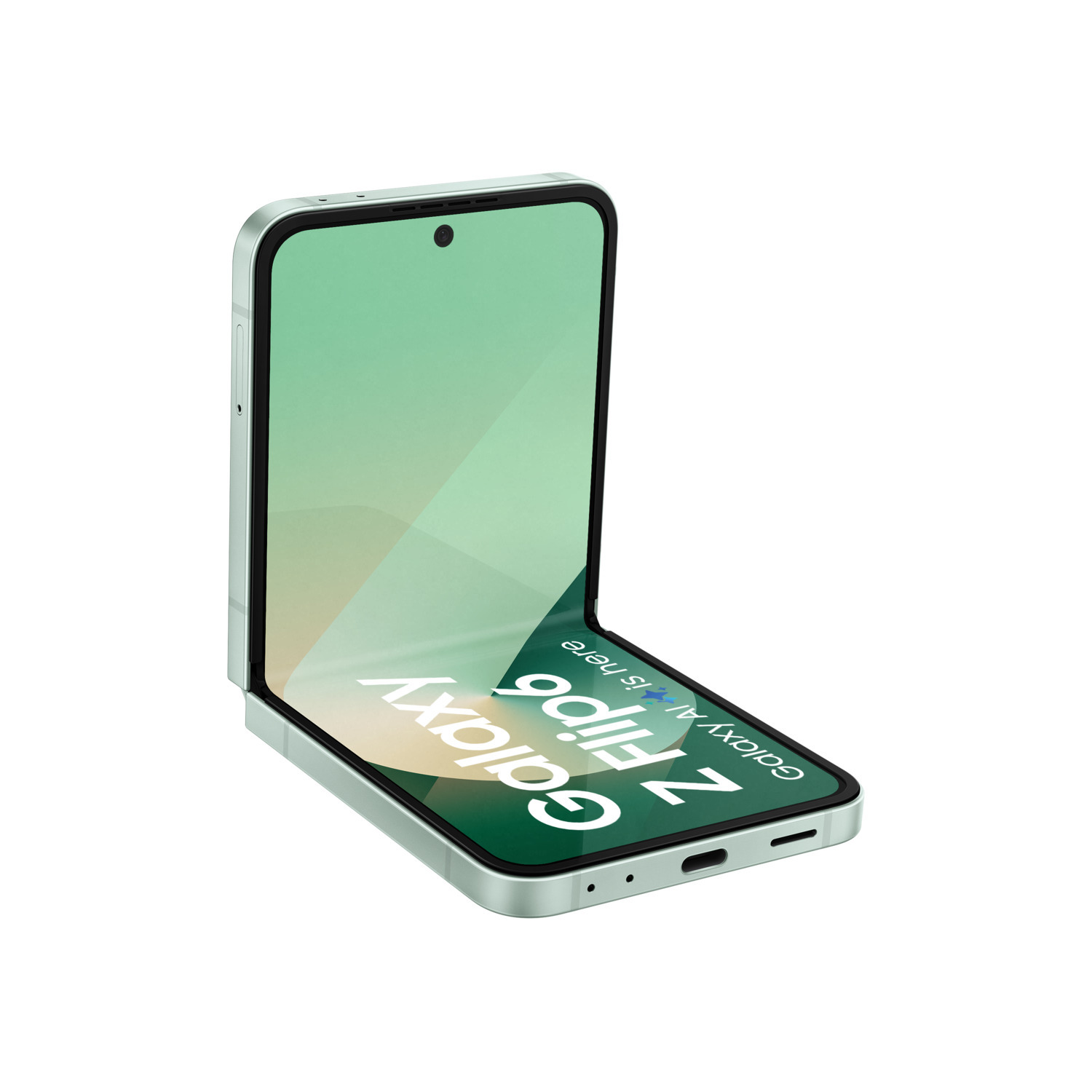 Téléphone pliable, vert menthe, ouvert. L'écran affiche du vert. Vue latérale, en angle. Fond blanc.