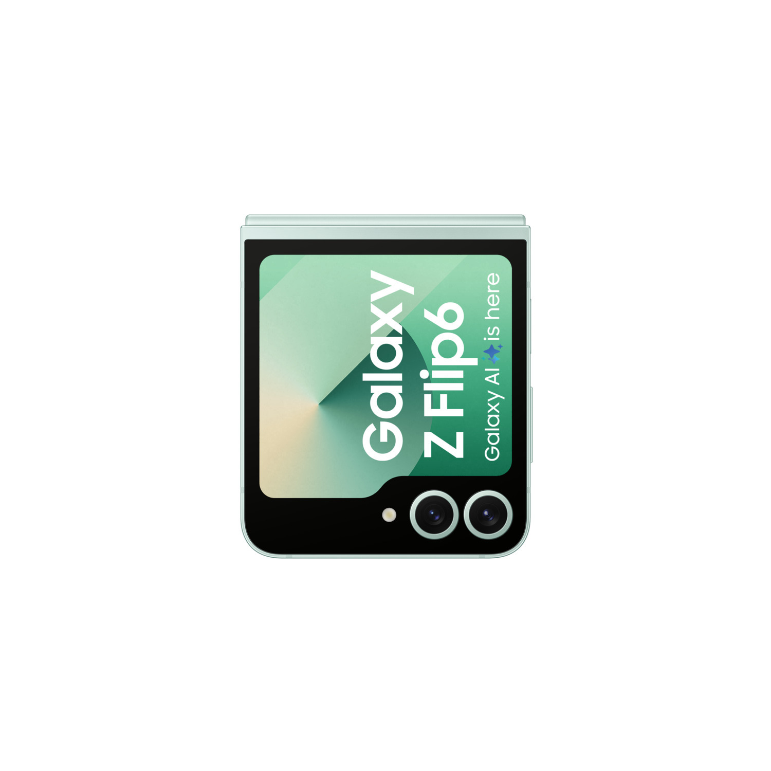 Téléphone vert menthe Galaxy Z Flip6, plié. L'écran affiche 'Galaxy Z Flip6' et 'AI is here'.