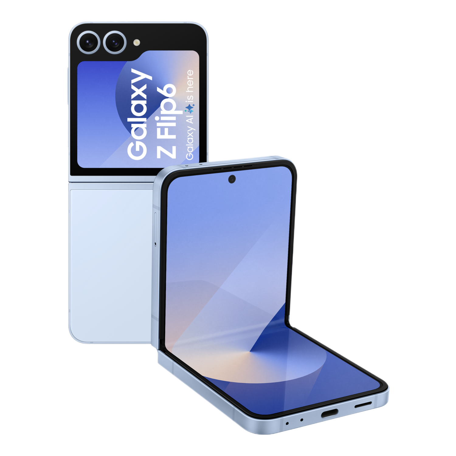 Téléphone bleu Samsung Galaxy Z Flip6. Le téléphone est ouvert et fermé, écran visible.