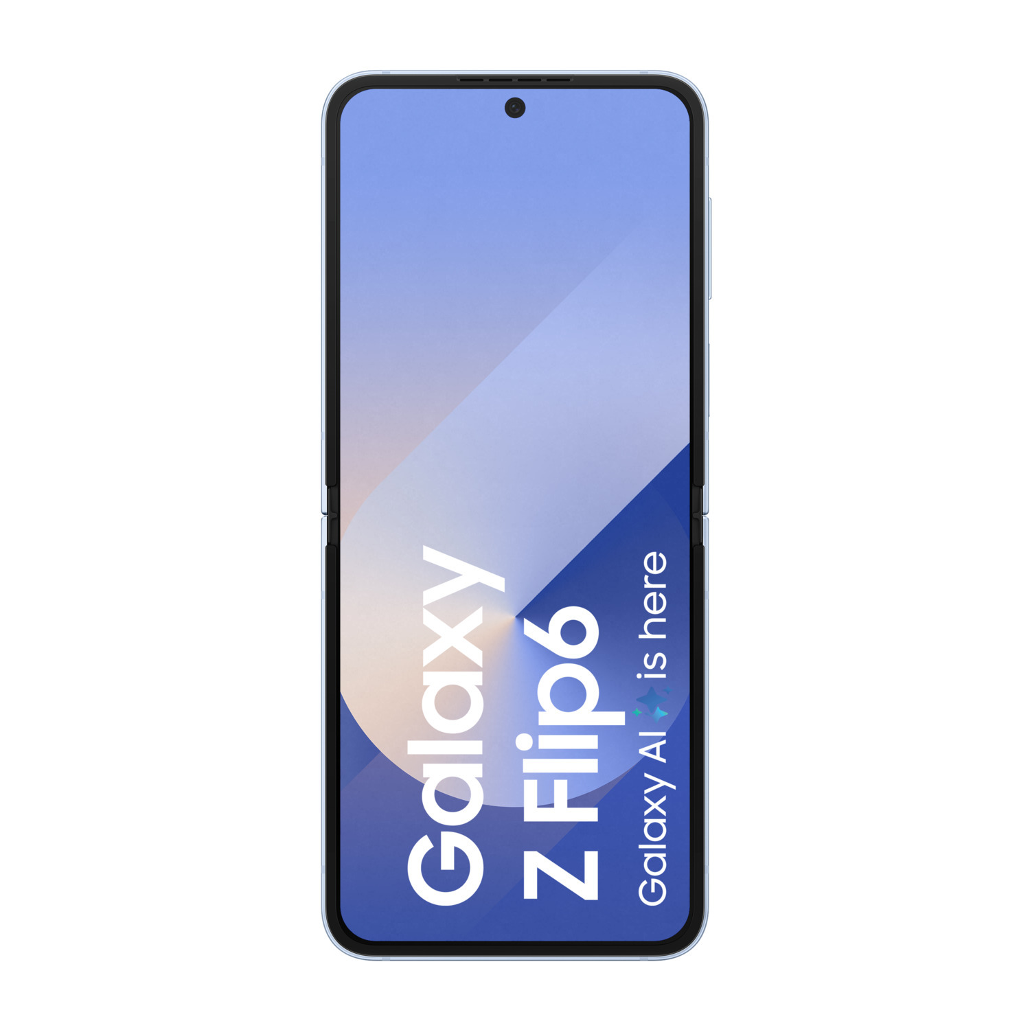 Téléphone Samsung Galaxy Z Flip6 plié avec écran bleu affichant le nom Galaxy.