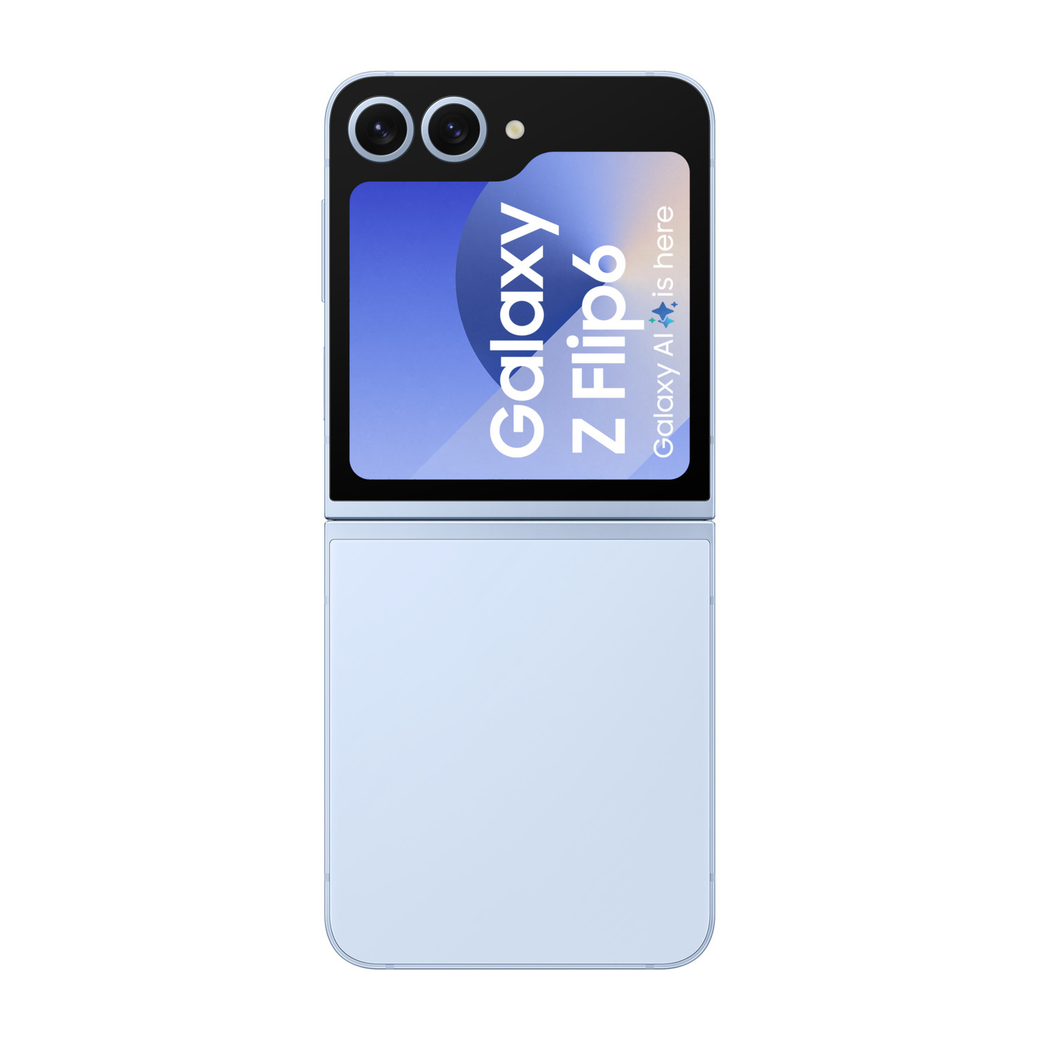 Téléphone bleu Galaxy Z Flip6, ouvert, avec texte et caméra en haut.