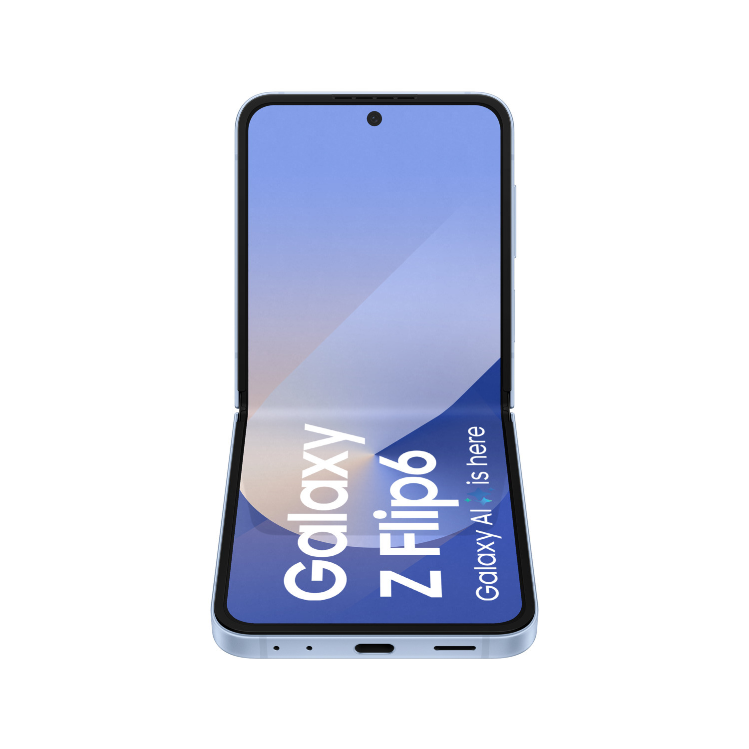 Image d'un téléphone bleu Galaxy Z Flip6, partiellement ouvert. Fond bleu clair.