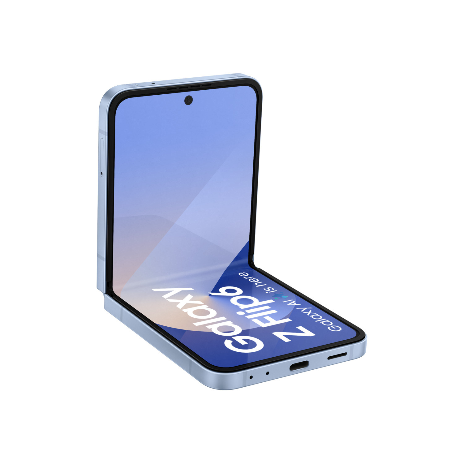Un téléphone bleu clair déplié avec un écran affichant un fond bleu avec un dégradé doré.