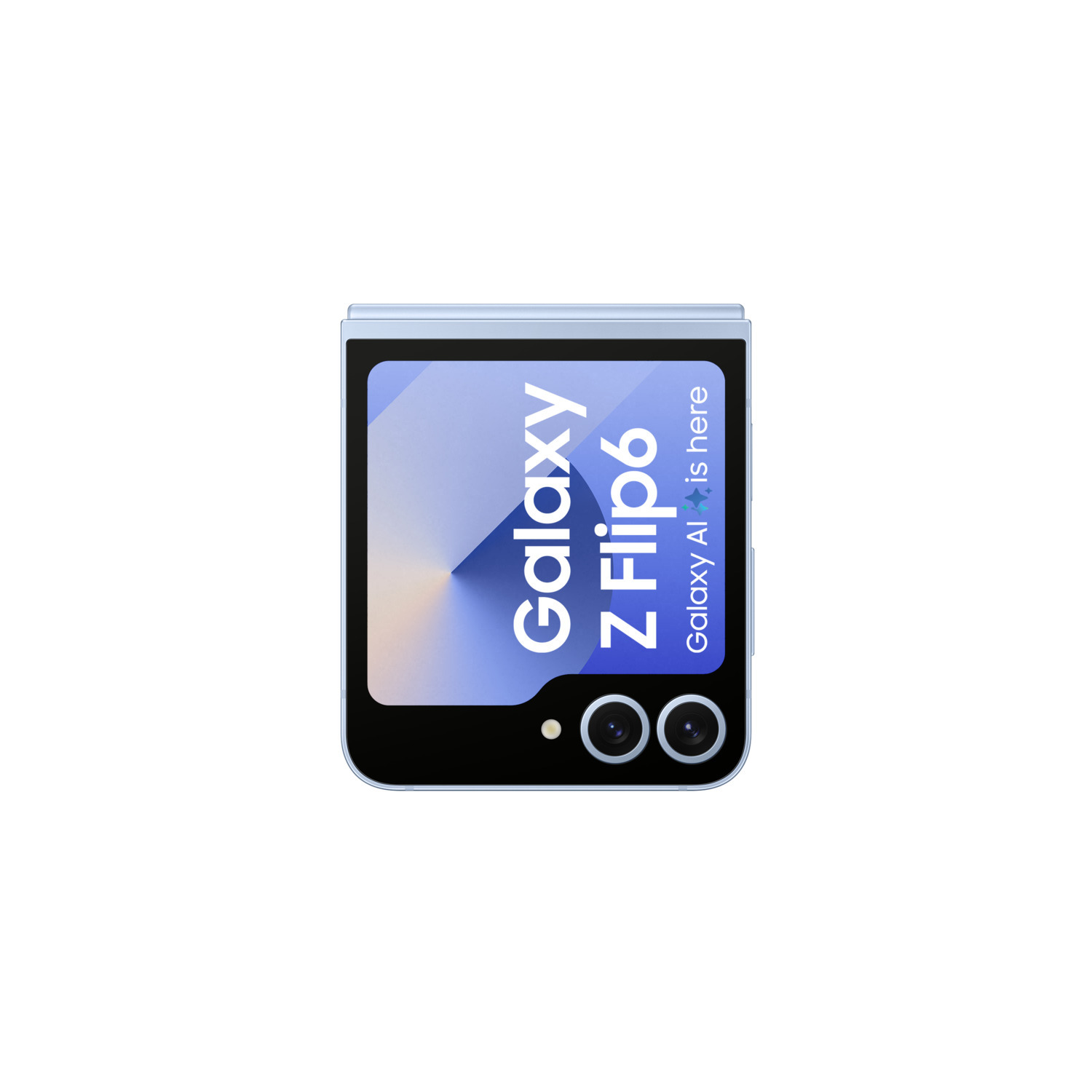 Téléphone pliable bleu avec un écran affichant le texte 'Galaxy Z Flip6' et zone caméra noire.
