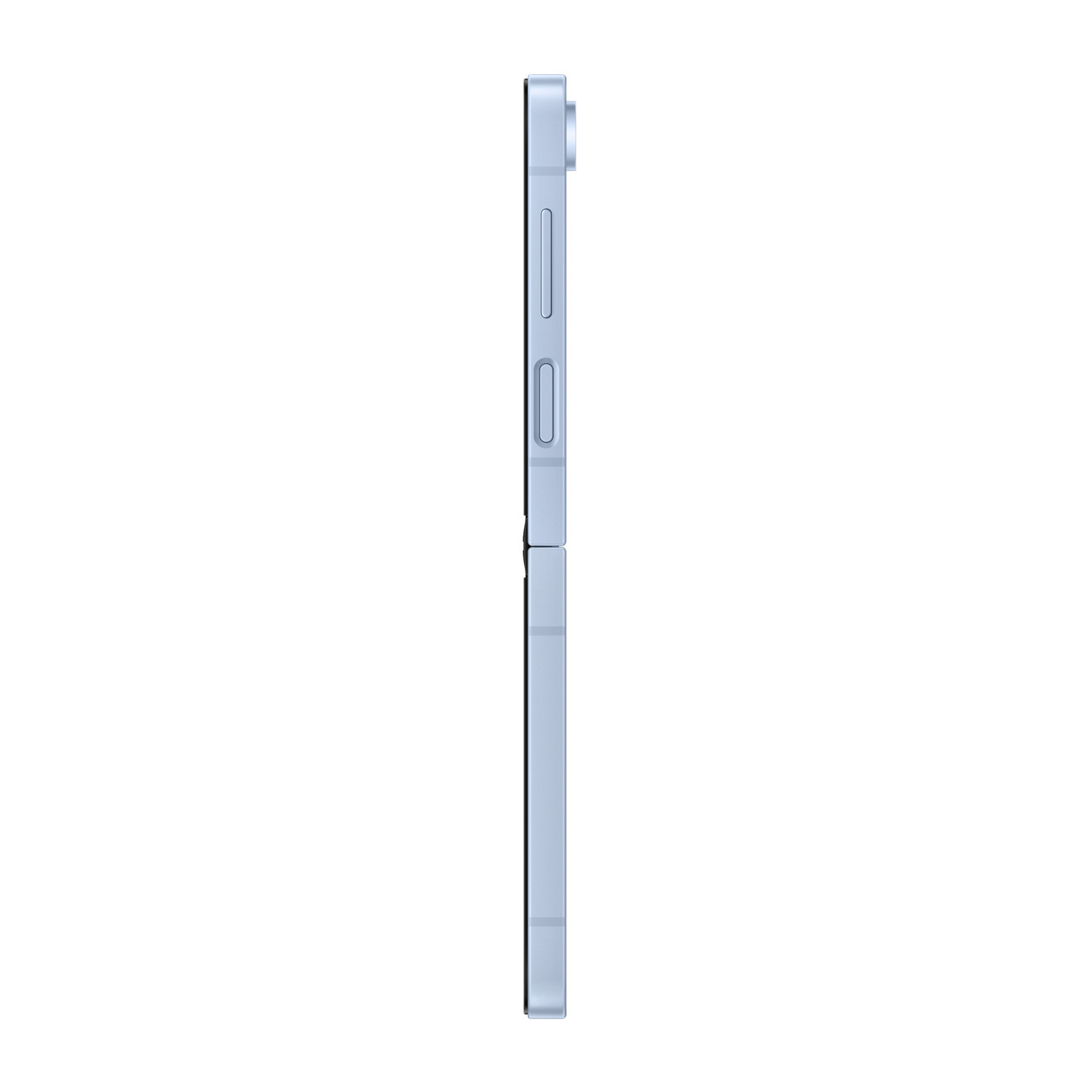 Téléphone bleu clair plié, vue latérale, sur fond blanc, montrant le profil latéral.