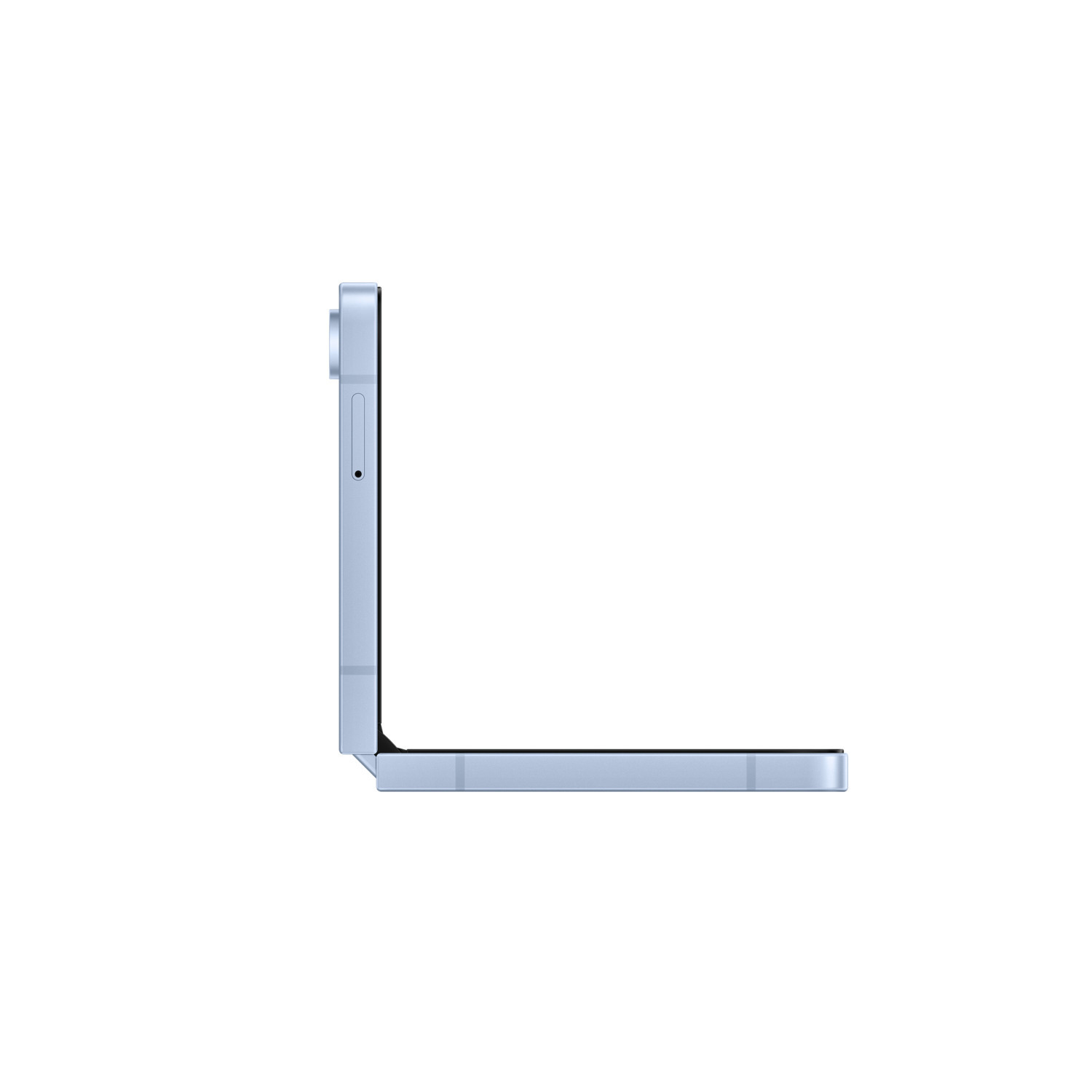 Smartphone bleu pliable, partiellement ouvert, montrant l'objectif.