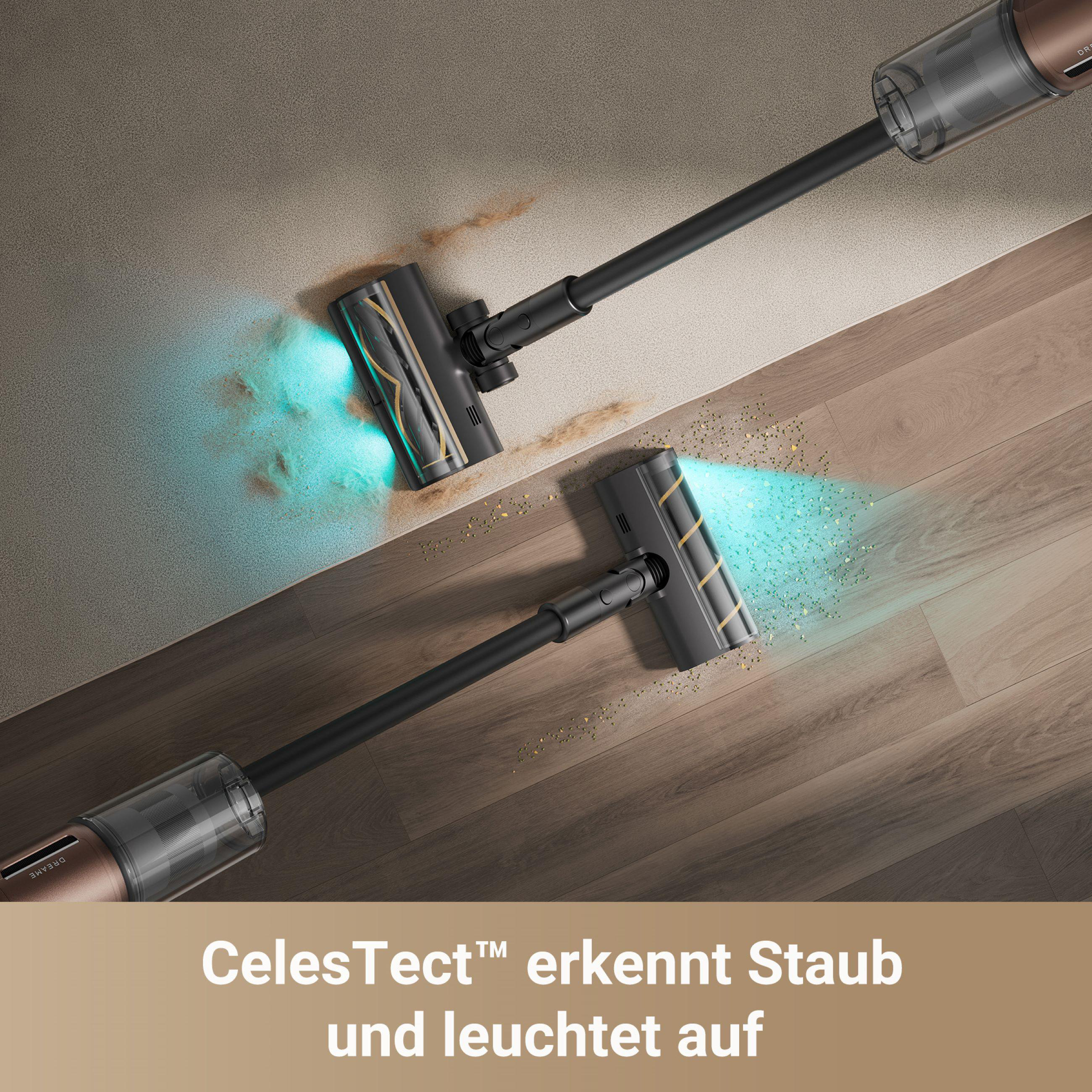 Staubsaugerköpfe reinigen Holzboden, Text: CelesTect erkennt Staub.