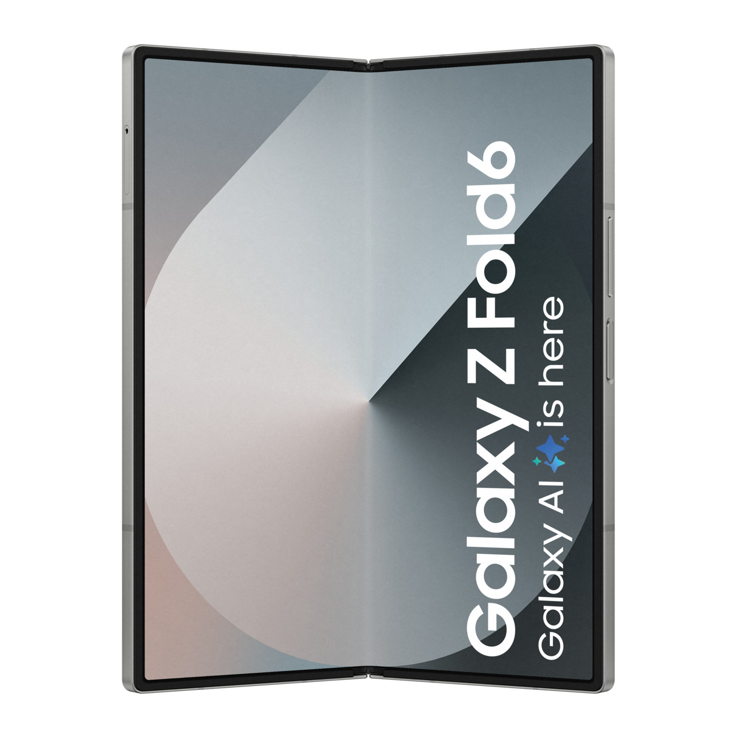 Tablette pliable argentée ouverte, texte dit 'Galaxy Z Fold6 Galaxy AI is here'.