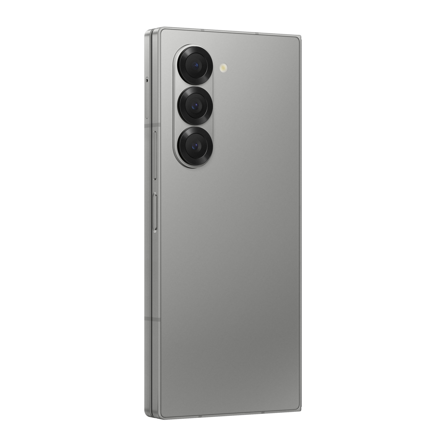 Un dos de smartphone argenté, avec trois objectifs d'appareil photo. Le téléphone est plié.