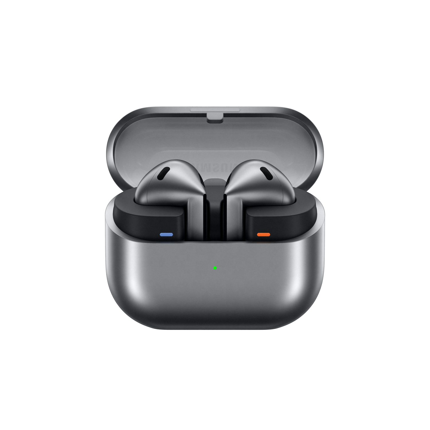 Two wireless earbuds in a charging case, on a black background.