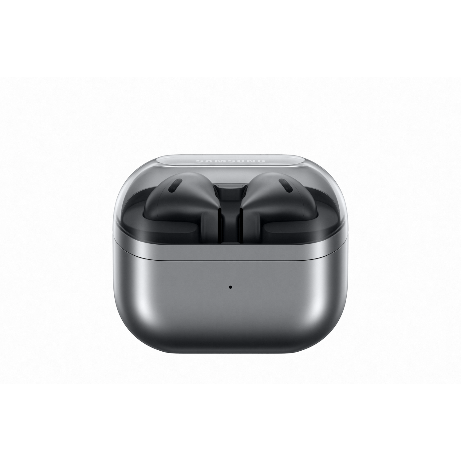 A silver charging case with earbuds inside. The case is on a white surface.
