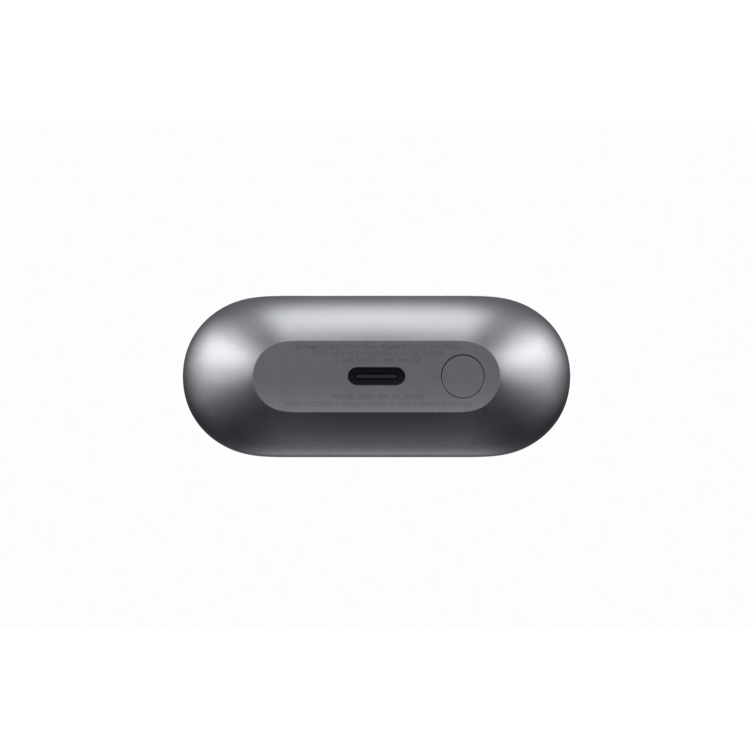 A gray charging case for earbuds, with text at the bottom.
