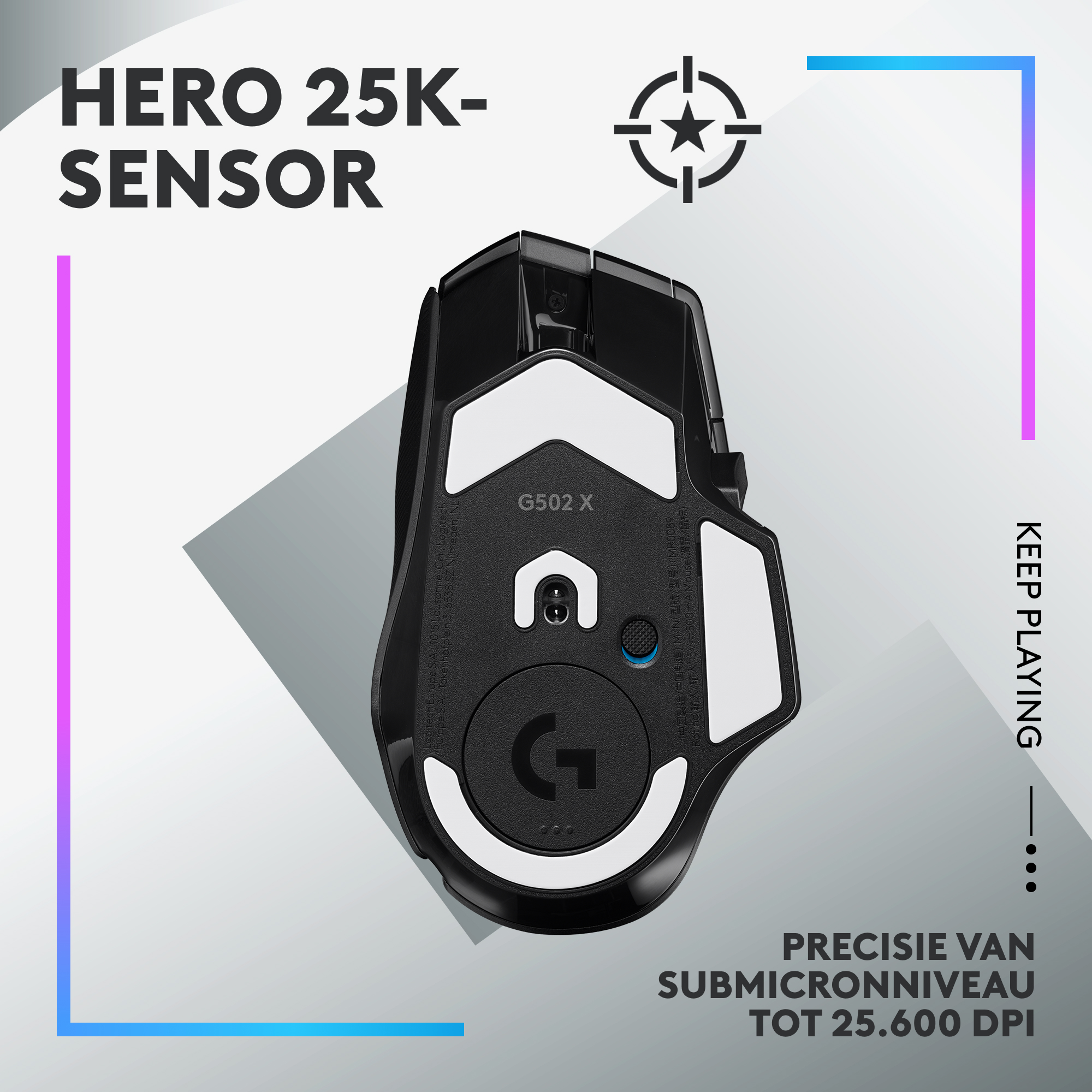 Zwarte gamingmuis. Hero 25K sensor. Wit en zwart met tekst. Doel-icoon.