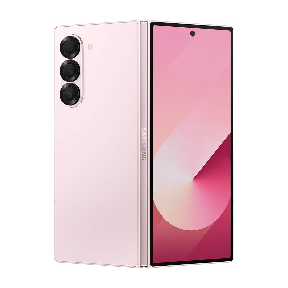 Üç arka kameralı pembe katlanabilir bir telefon. Ekran pembe ve kırmızı bir desen gösteriyor.