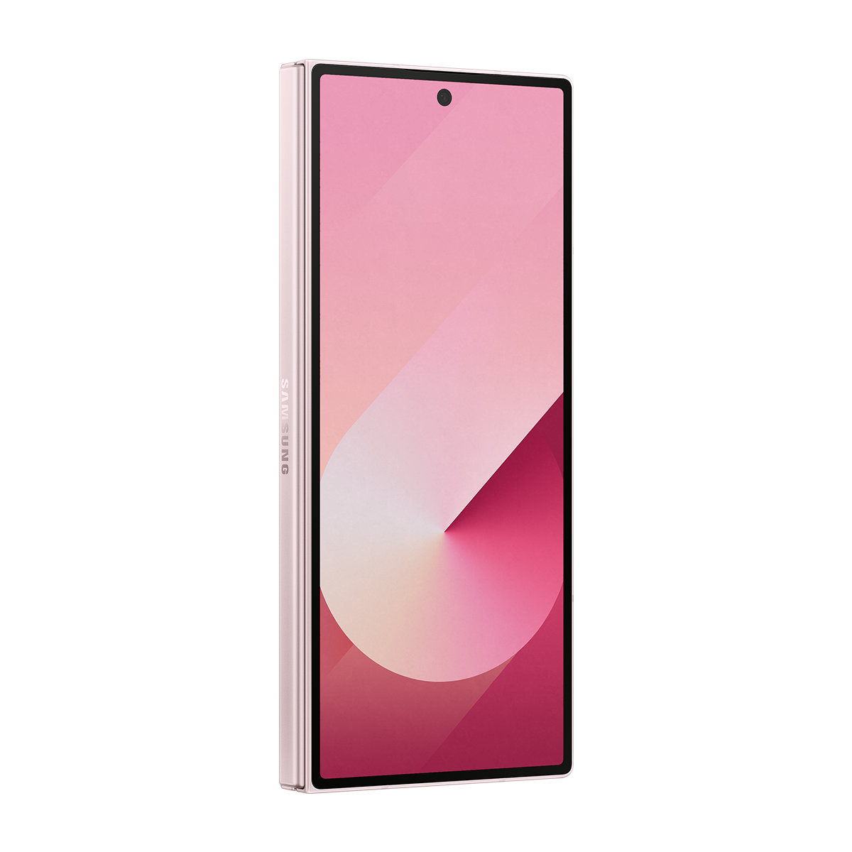 Pembe ve kırmızı degrade tasarım gösteren, pembe, açık, katlanabilir bir telefon, Samsung logosuyla.