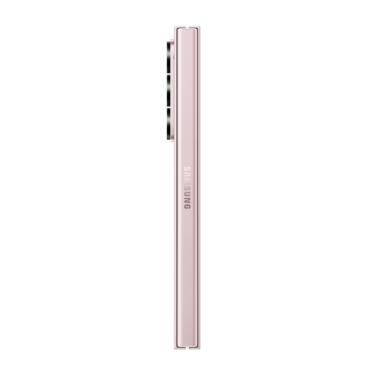 Siyah zemin üzerinde pembe telefon profilden, Samsung markalı tarafı gösteriyor.