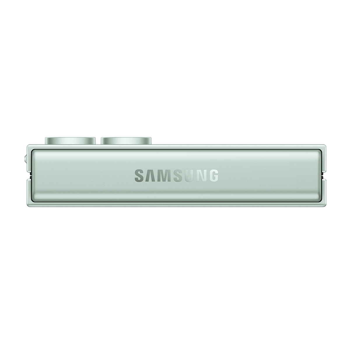 Nane yeşili Samsung cihazı. Üstten görünüm, üstte iki düğme ve ortada Samsung logosu.