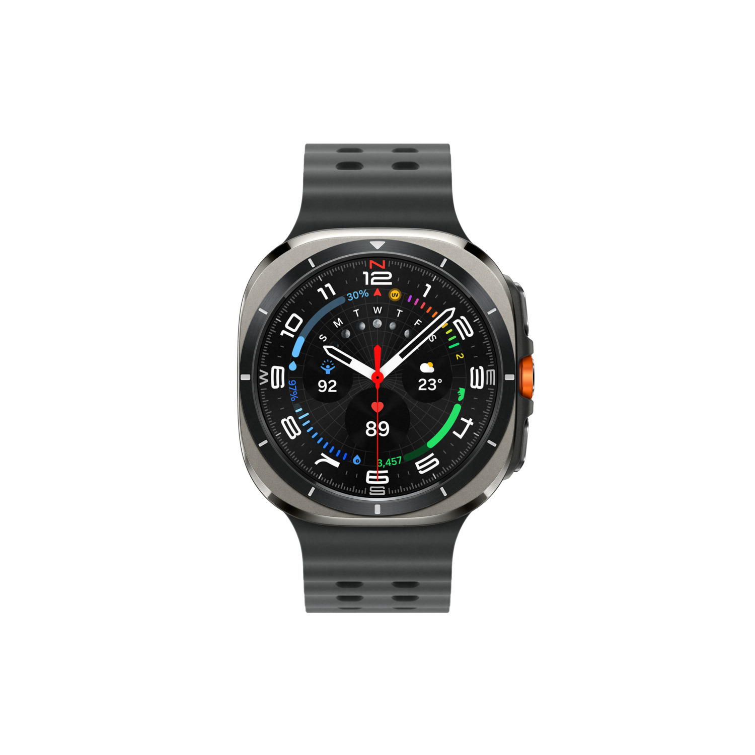 Smartwatch on white background. Black band, silver bezel, orange accents, and digital display.