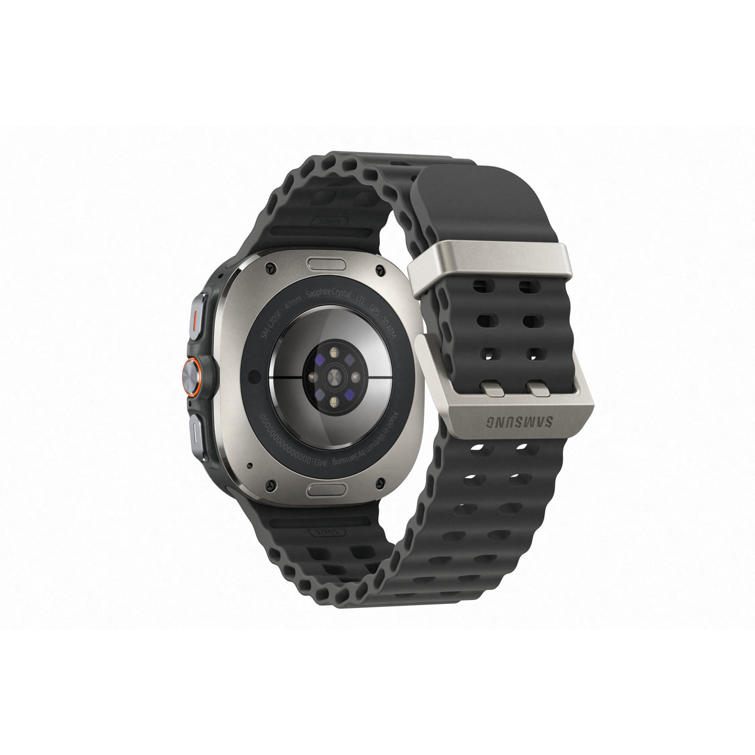 Back view of a smartwatch with a black strap. White background.