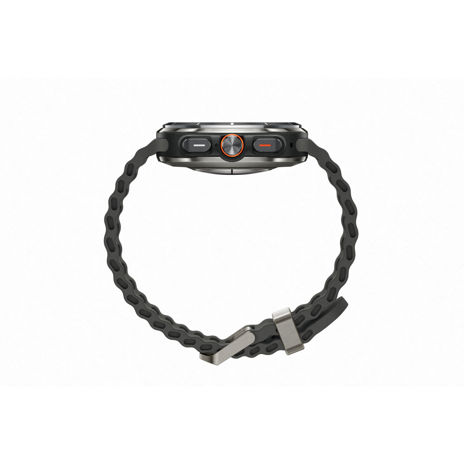 A side view of a smartwatch with a black screen, dark gray band with a silver buckle, and orange accents.