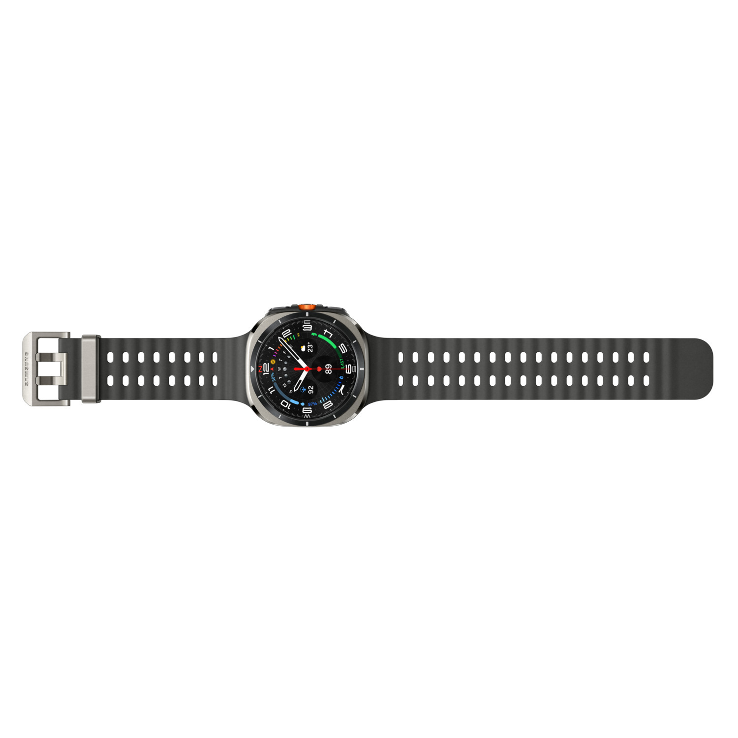 Black smartwatch with black strap on a white background.