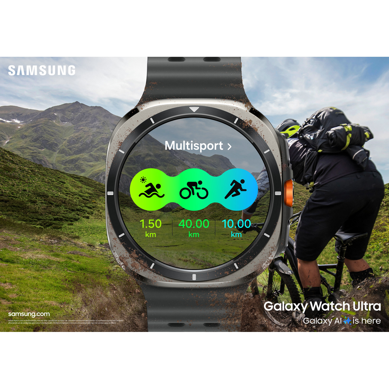 Watch over a mountain scene. Text overlay: Multisport. Icons for running, biking, swimming.