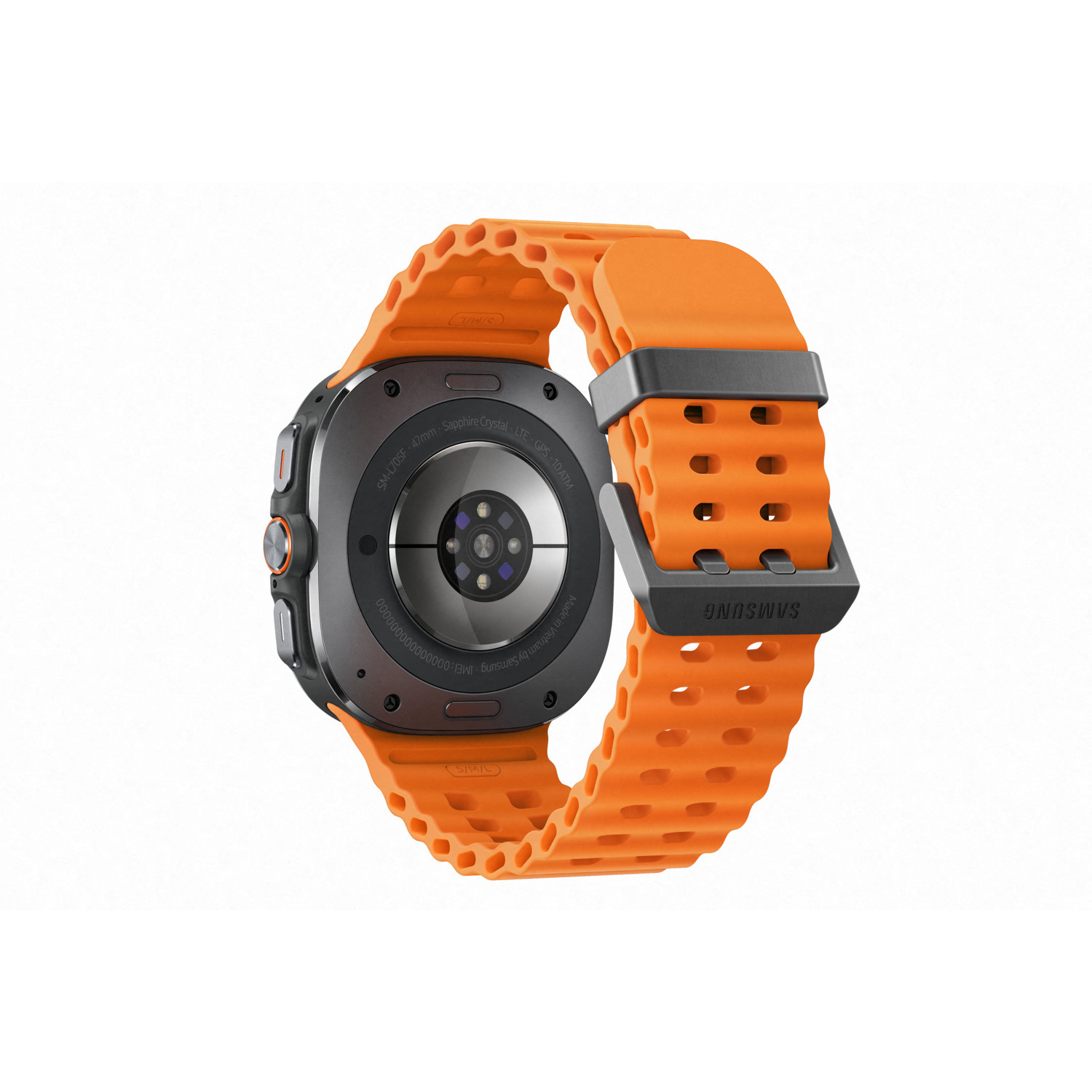 Orange smartwatch with black and orange strap, angled view.