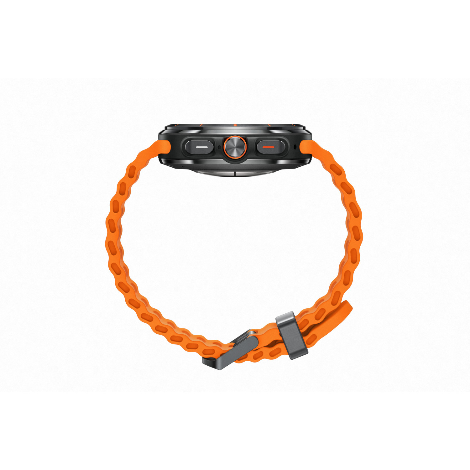 Side view of an orange smartwatch with an orange strap on a white background.