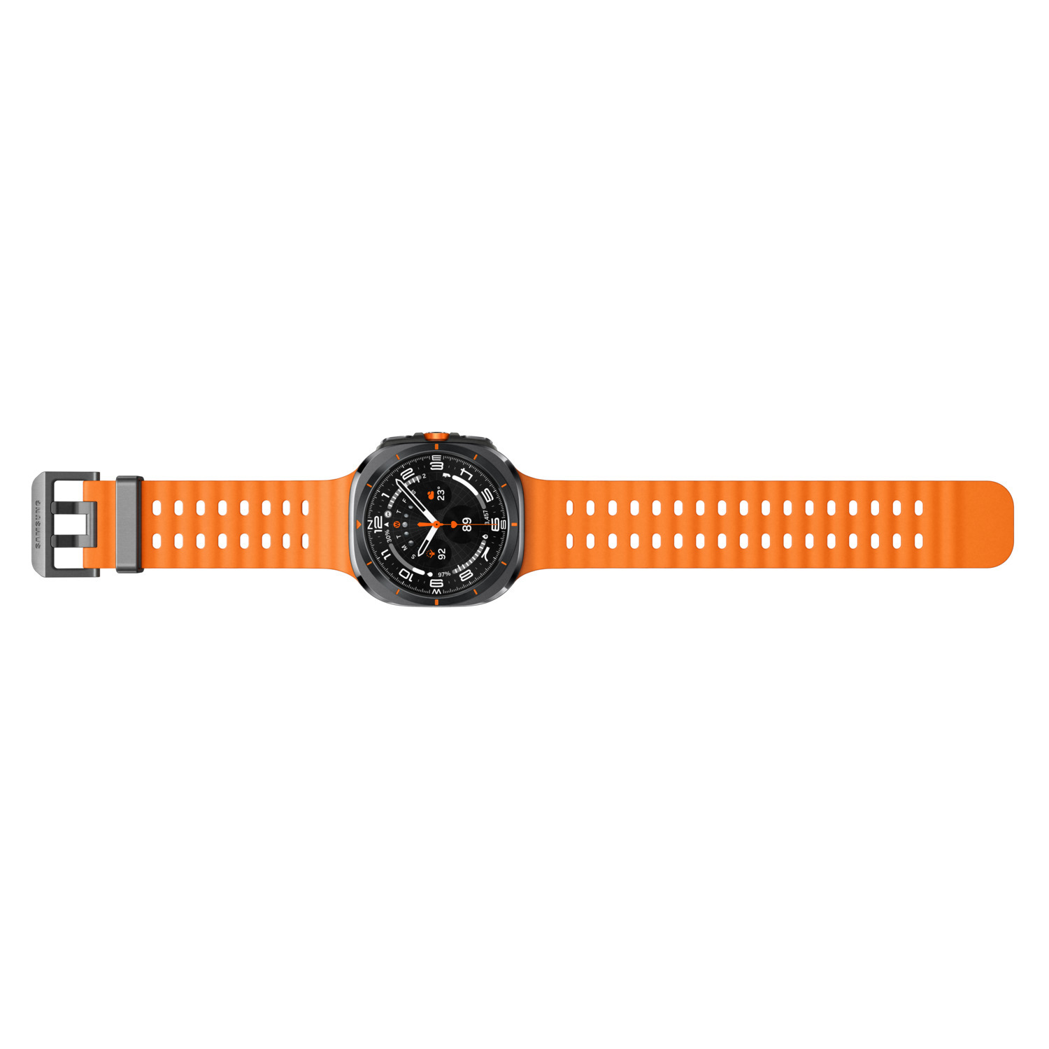 An orange smartwatch band with a black watch face.