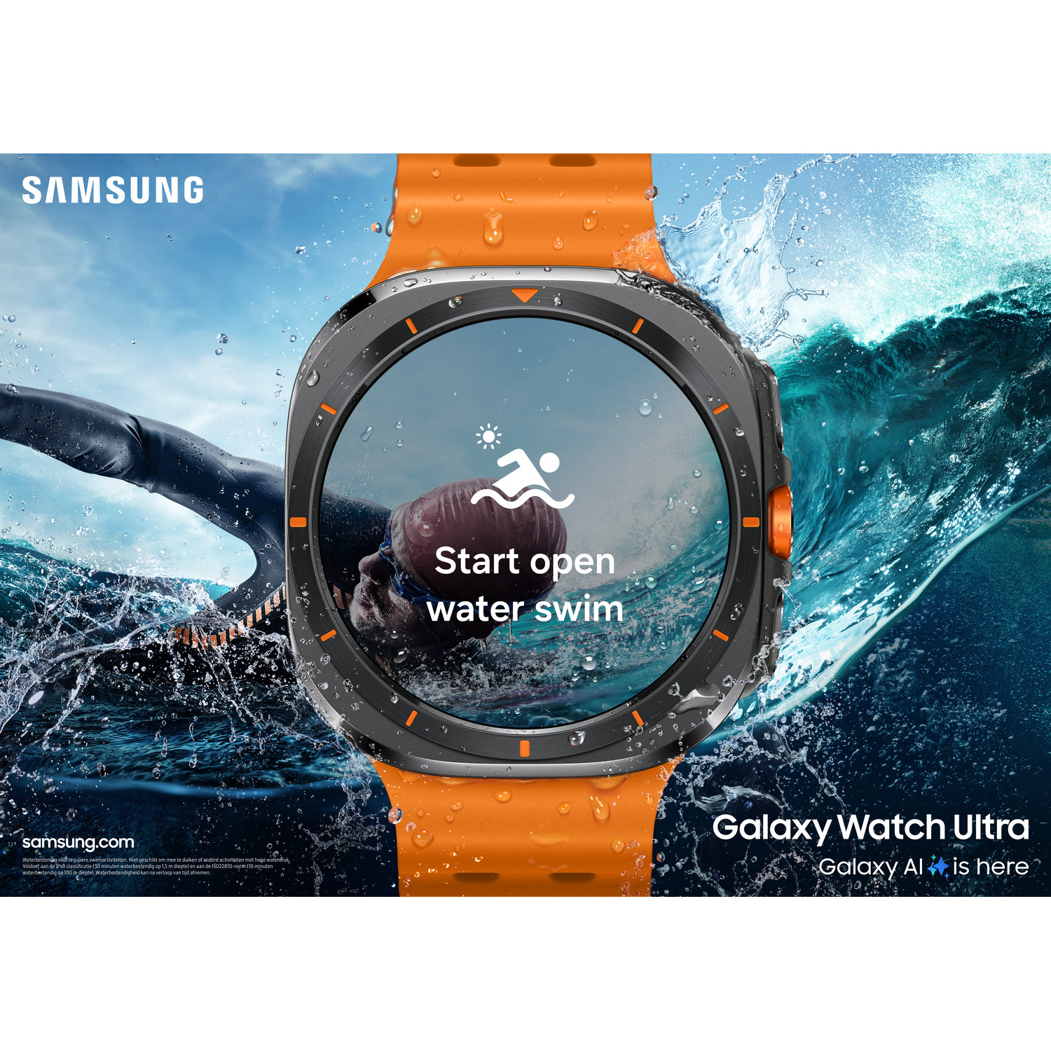 A smartwatch with an orange strap, in water, with a swimmer and text.