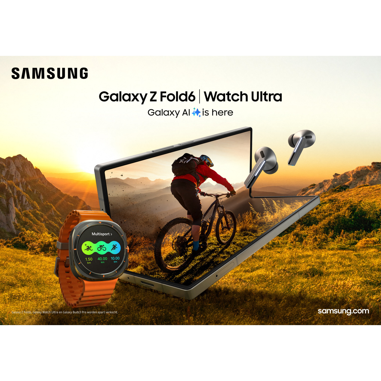 Samsung foldable phone, watch, and earbuds, with a cyclist on a mountain and sunset.