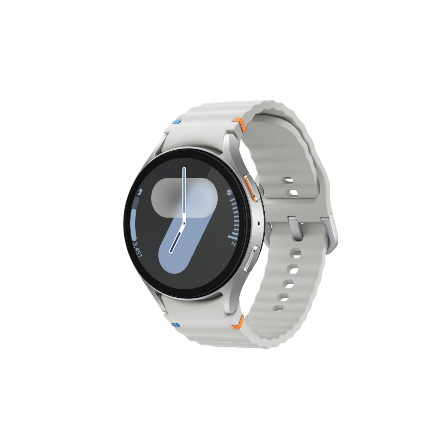 Une montre connectée argentée avec un bracelet blanc affiche un cadran. Les aiguilles indiquent environ 9 heures.