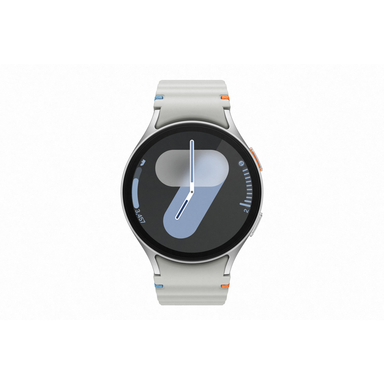Montre intelligente argentée avec bracelet blanc, l'écran affiche l'heure 9:00