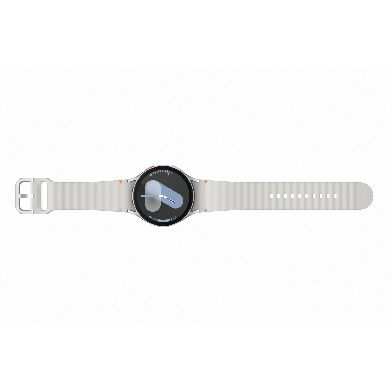 Une montre connectée avec un bracelet blanc, affichant l'heure et la date.