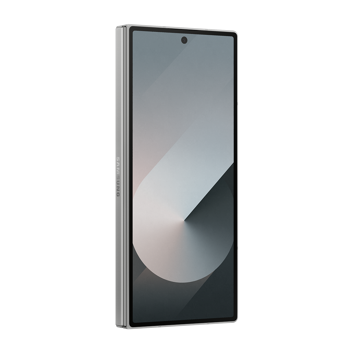 Siyah ekranlı, dikey, gümüş akıllı telefon, siyah arka planda. Samsung logosu.