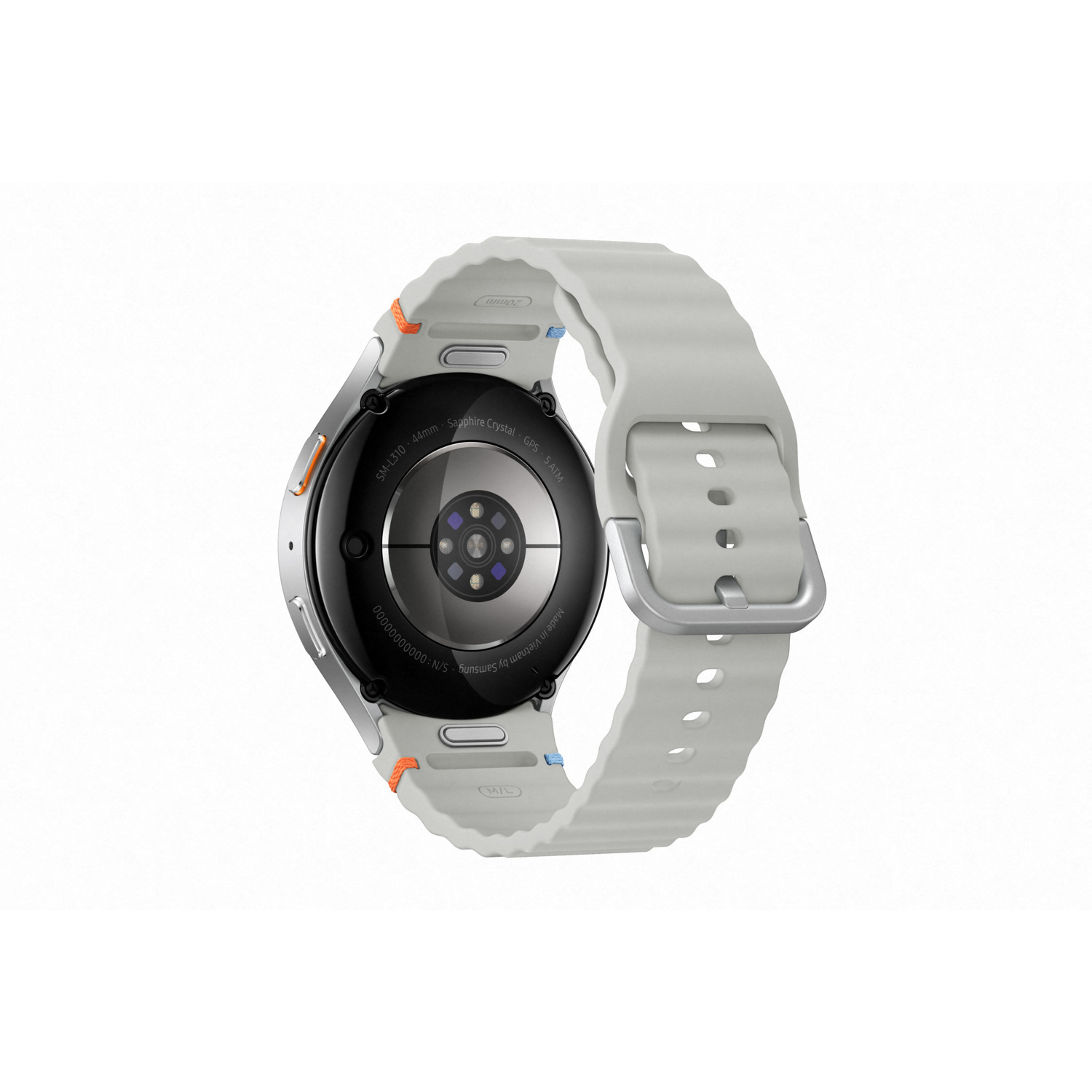 Back view of white smartwatch with white strap, showing details, Samsung logo.