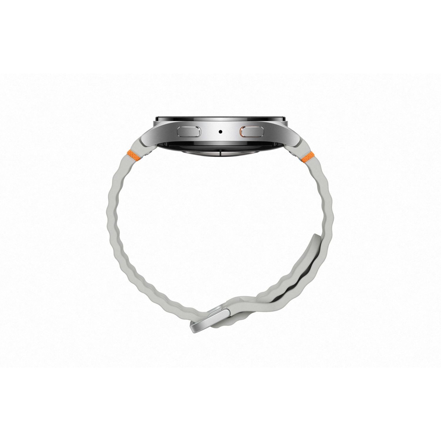 Silver smartwatch with a light grey band and orange details.