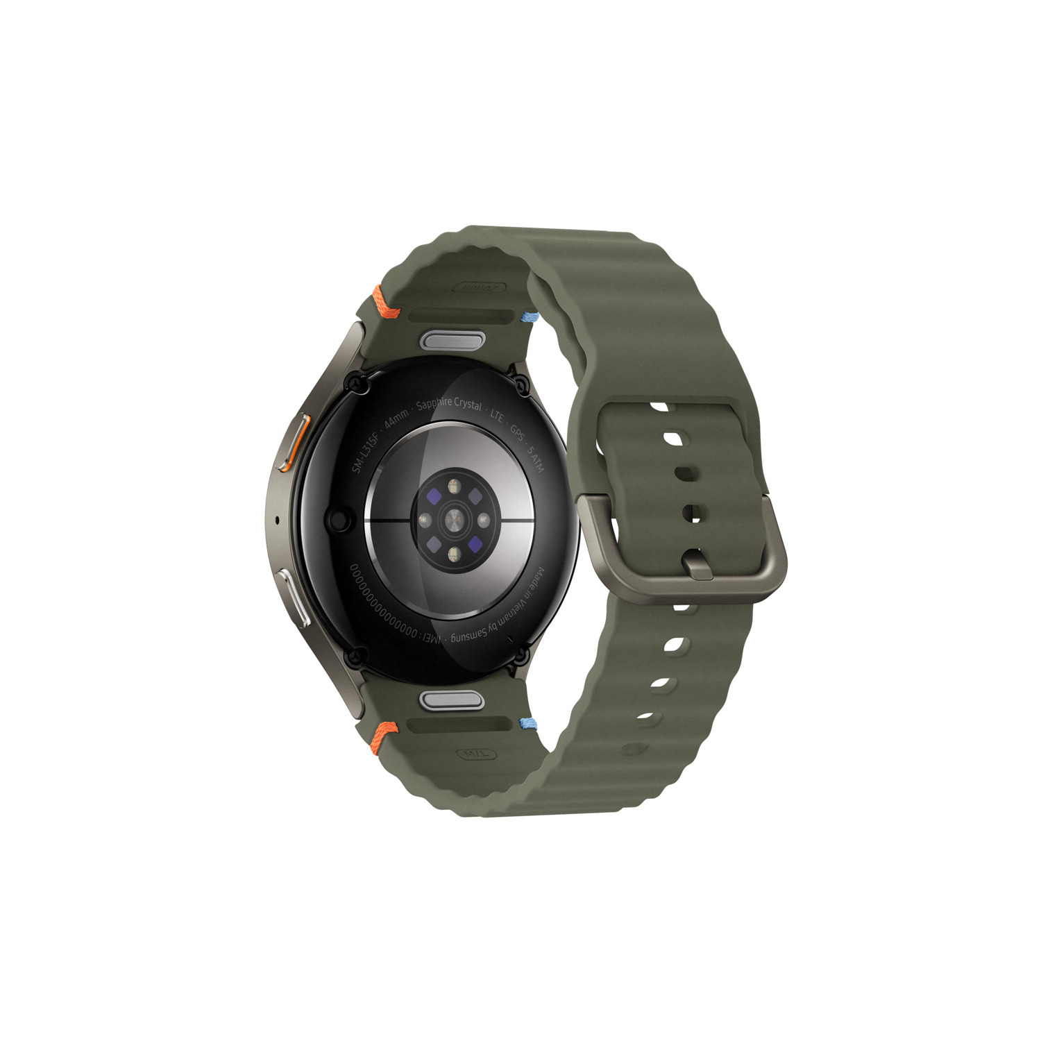 A green smartwatch back with a heart rate sensor and orange accents on the strap.  The watch face is visible.