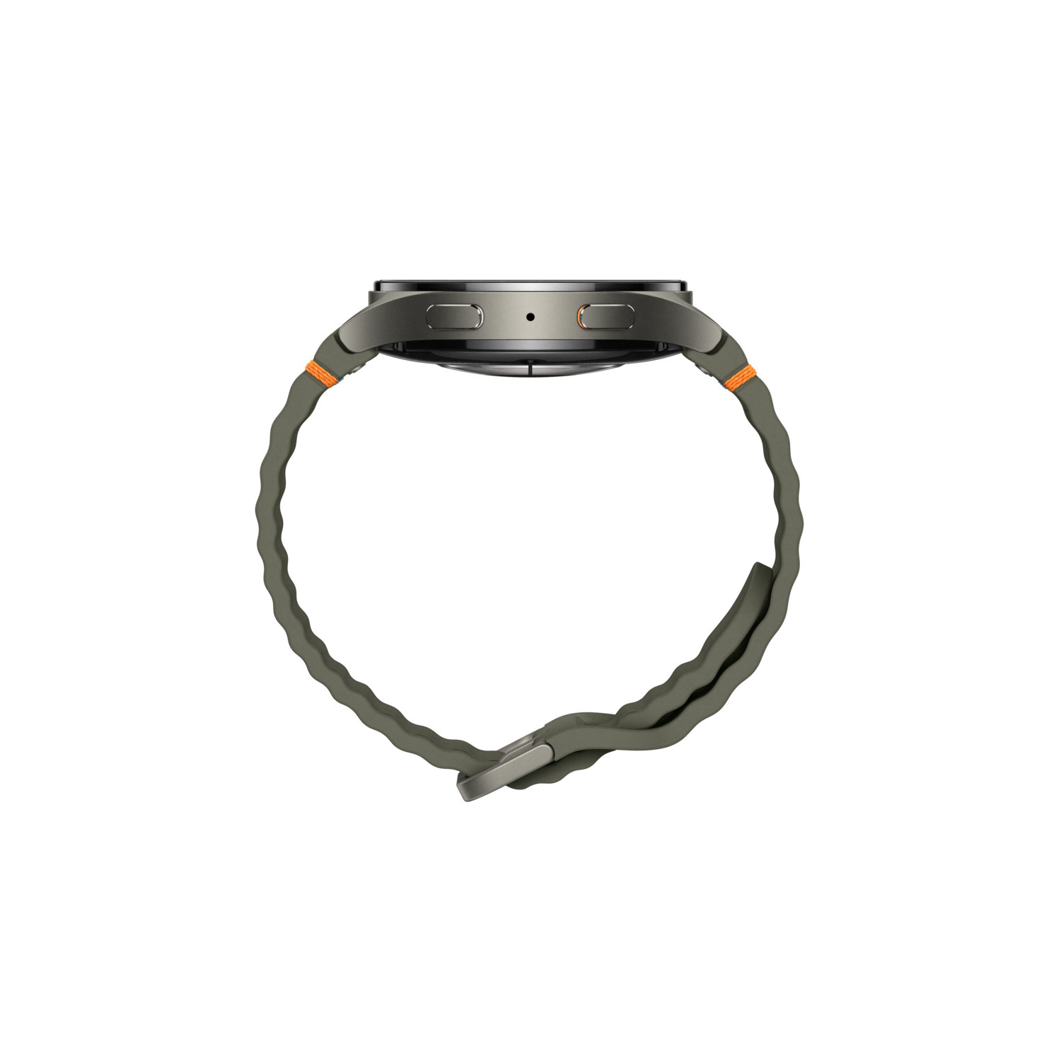 Side view of a grey smartwatch with a green and orange band.